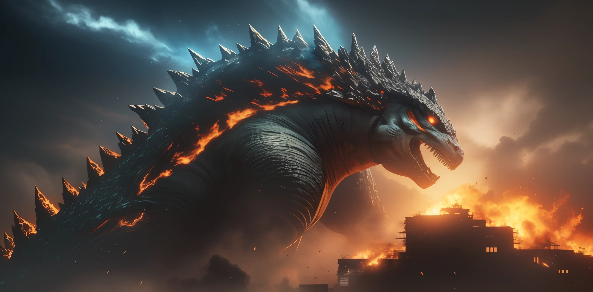 ((Best Quality)), ((Masterpiece)), (Highly Detailed:1.3), 3D, Beautiful, Nebulous, holding_weapon, Facing the Viewer, Bright Eyes, Full Body, Looking Up, glowing_eyes, Godzilla, Panorama, Background is Earth, Nebula, Space, Particles, Reality, HDR (High Dynamic Range), Ray Tracing, NVIDIA RTX, Super Resolution, Unreal 5, Subsurface Scattering, PBR Texturing, Post-Processing, Anisotropic Filtering, Depth of Field, Maximum Clarity and Clarity, Multilayer Textures, Albedo and Specular Map, Surface Shading, Accurate Simulation of Light-Material Interaction, Perfect Aspect Ratio, Octane Render, Two-Tone Lighting, Large Aperture, Low ISO, White Balance, Rule of Thirds, 8K RAW, Efficient Sub-Pixel, Sub-pixel Convolution, Cinematic Scene of Godzilla in Tokyo Destroying Buildings, ((Detailed Buildings with Building Texture)) Bottom-Up View, with flame and destruction effects, highly detailed and realistic, using volumetric lighting, ray tracing and fxaa, high resolution 8k, striking scene, ((Godzilla texture highly textured)