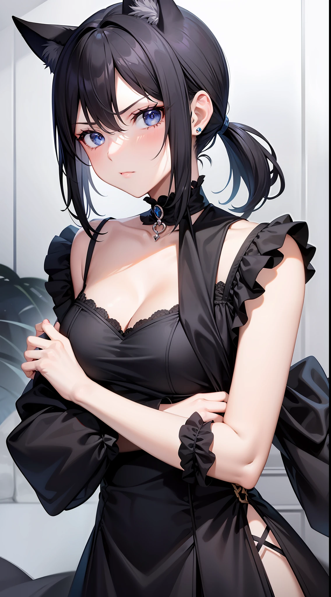 Adult girl, short black hair, high ponytail, blue eyes, cat ears, dark dress, open shoulders, stern look, masterpiece, high quality