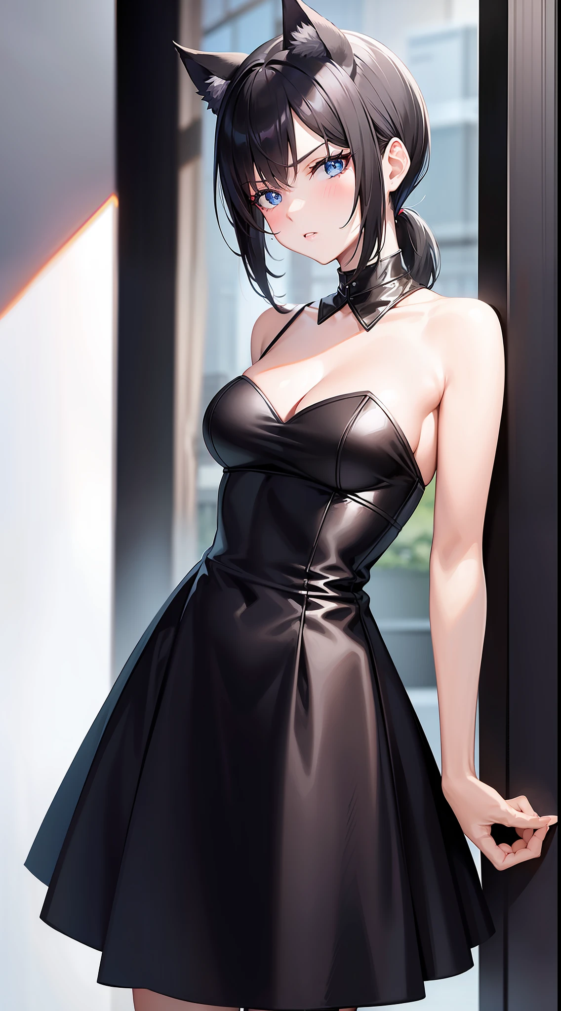 Adult girl, short black hair, high ponytail, blue eyes, cat ears, dark dress, open shoulders, stern look, masterpiece, high quality