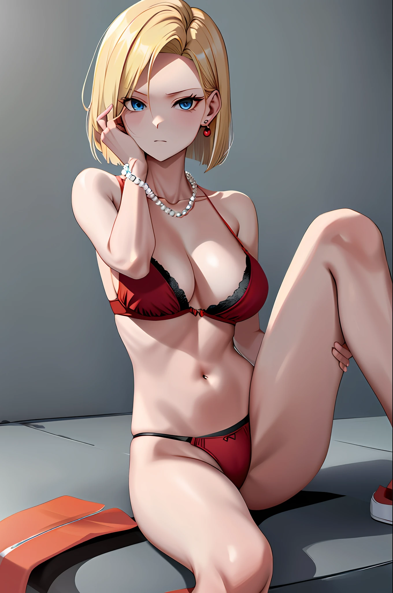 Best quality, hi-res, and18, girl 1, android 18, solo, blonde hair, blue eyes, pearl necklace, bracelet, short hair, red bikini, red bra, earrings, big, (ruined: 1.3), (ripped clothes: 1.5), sitting, expressionless, hu sitting, sensual gravure idol, M-shaped legs spread