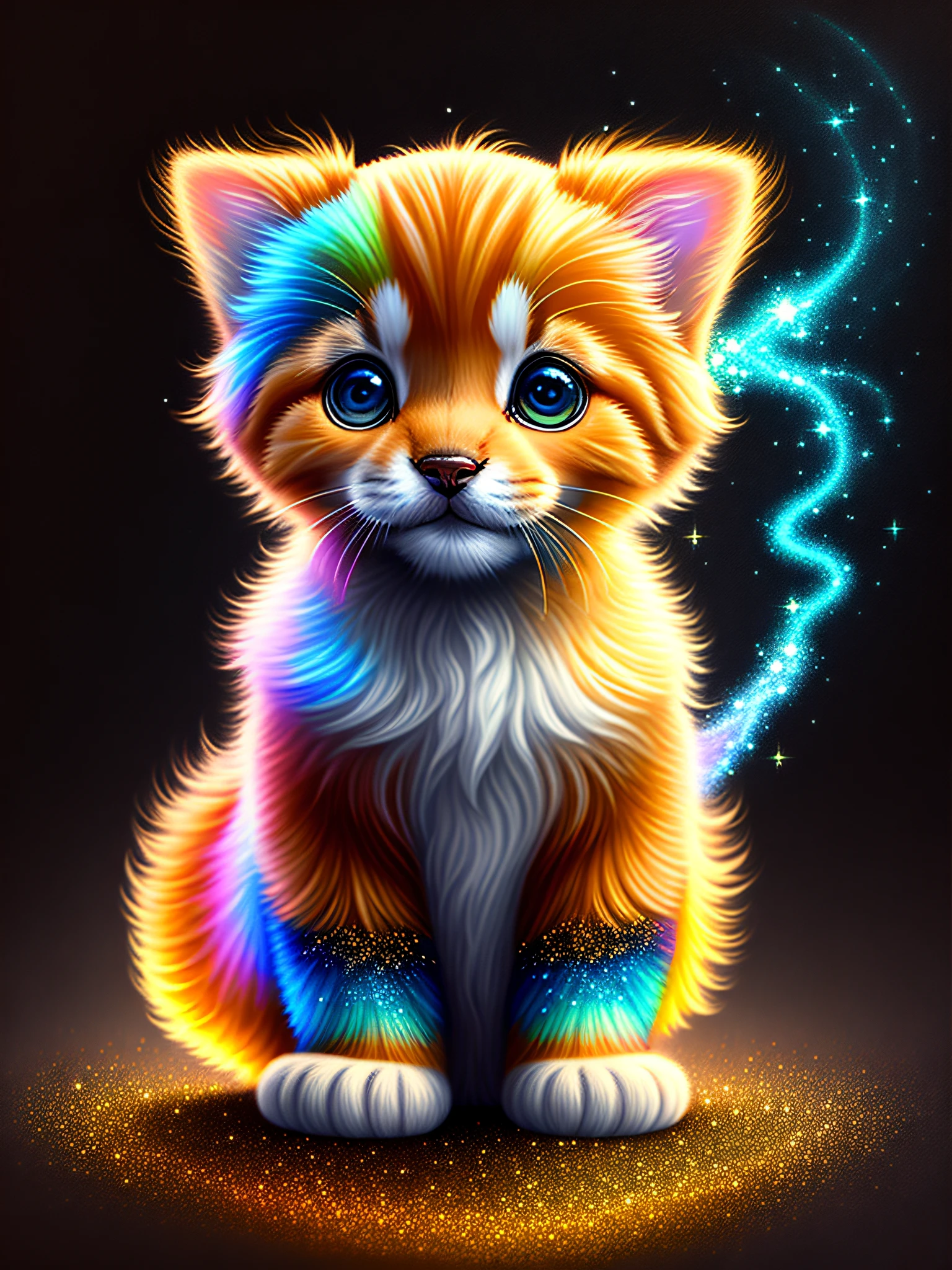 a painting of a colorful tabby poney puppy on a black background,, breathtaking rendering, within a radiant connection, inspired by Kinuko Y. Craft,, magical elements, kitten icon, wow, is gorgeous, casting a multi colorful spell, bright flash, flash