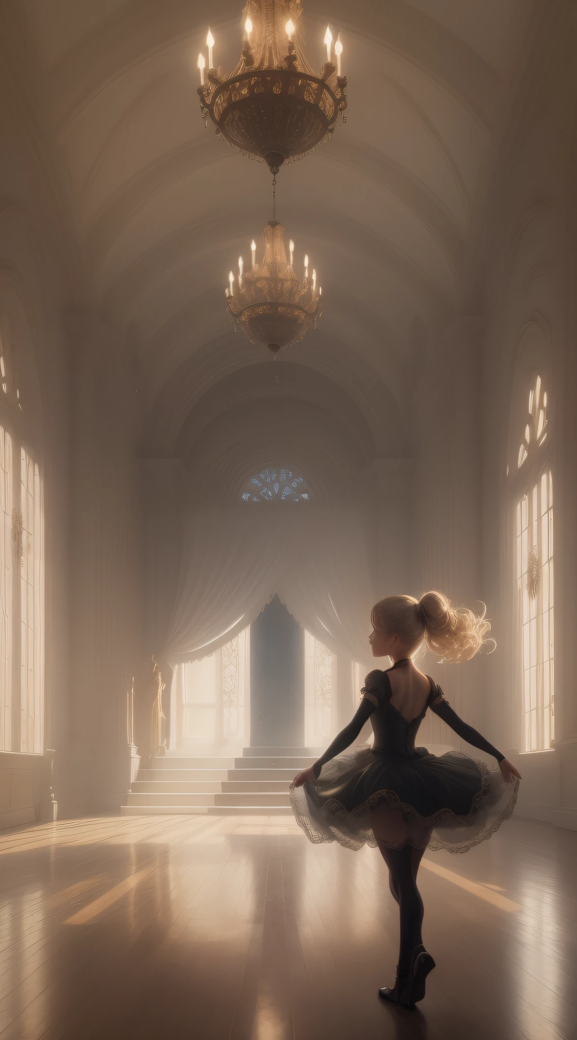  dancer silhouette on stage, classical ballerina outfit, distant view, anatomically perfect, blonde hair, ray tracing, volumetric light, against light