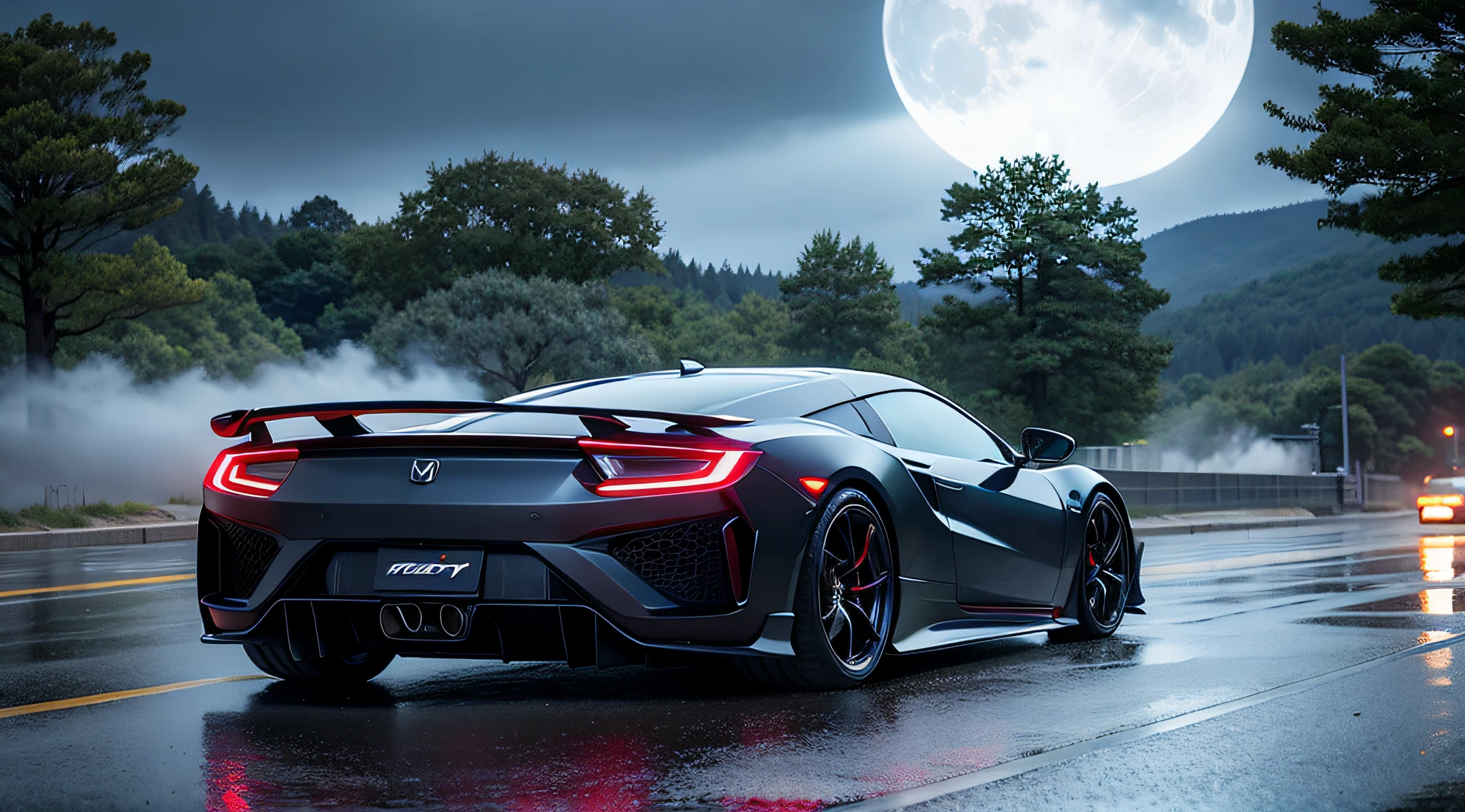 Realistic illustration of B-Eller-Redatetona SP3 in Berlin, Germany. Noon time and rainy weather. Ultra Detail, 8K, HDR, Octane Rendering, Redshift, Unreal Engine 5. Professional color grade, atmosphere, amazing depth, rich colors, powerful images, psychedelic overtones, 4K, 8K. Honda NSX2000 Concept Near Future Design, Innovative Cyberpunk Design, Tokyo, Mt. Fuji, Moonlight, Fog,