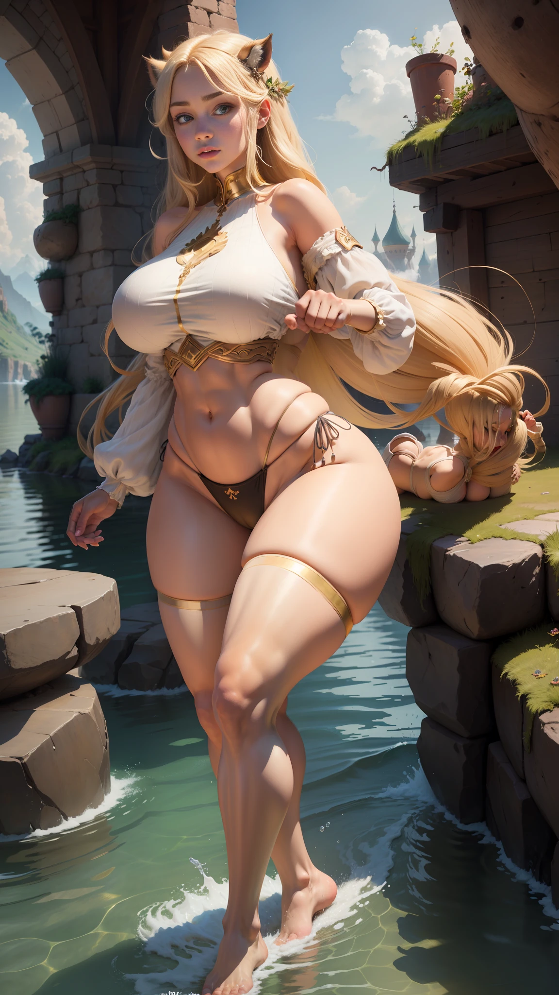 Rapunzel, big ass, big camel's foot, big crotch, body position on the side, full body, thin panties (punched in the water), giant tits.