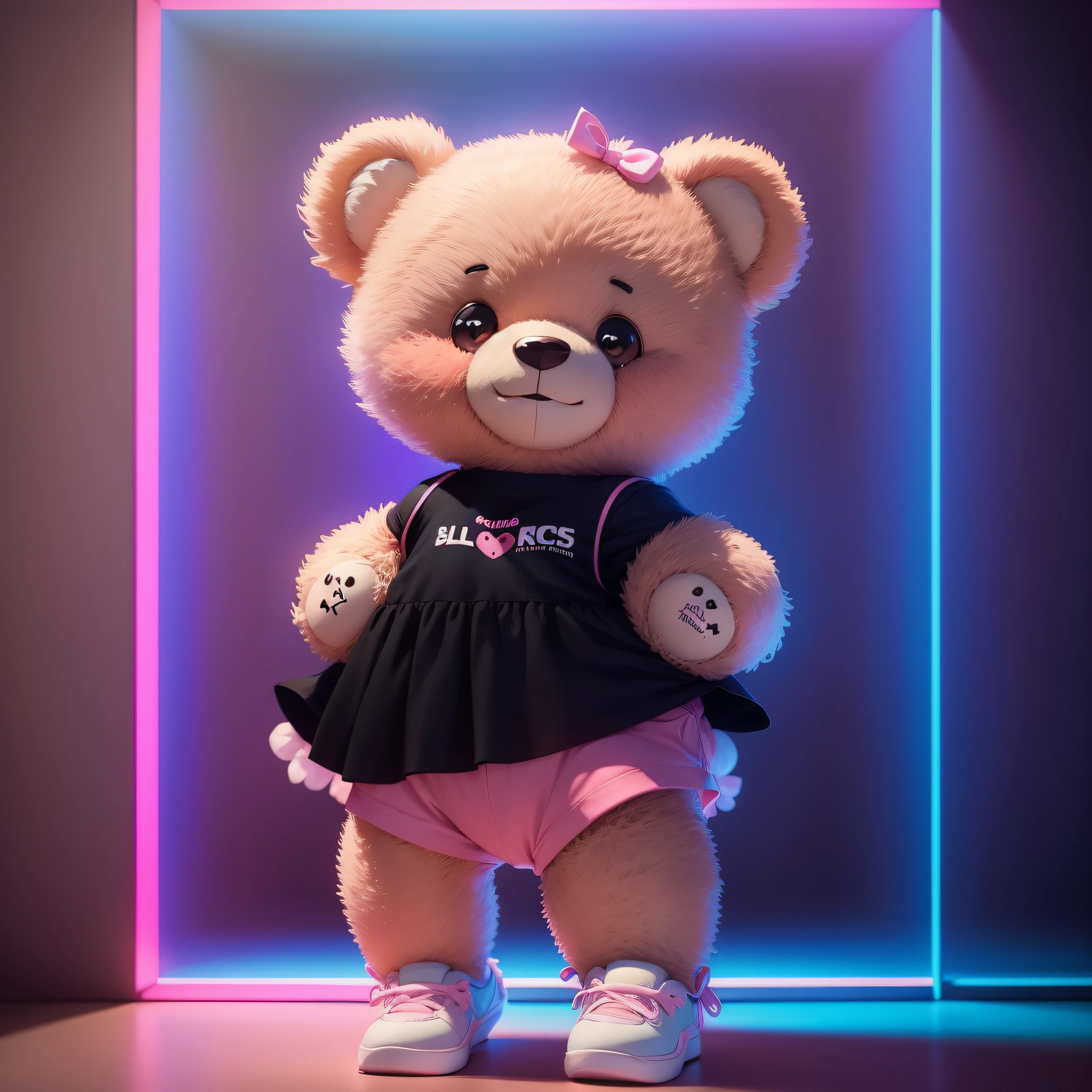 Happy teddy bear smiling wearing a black T-shirt and pink shorts --auto --s2