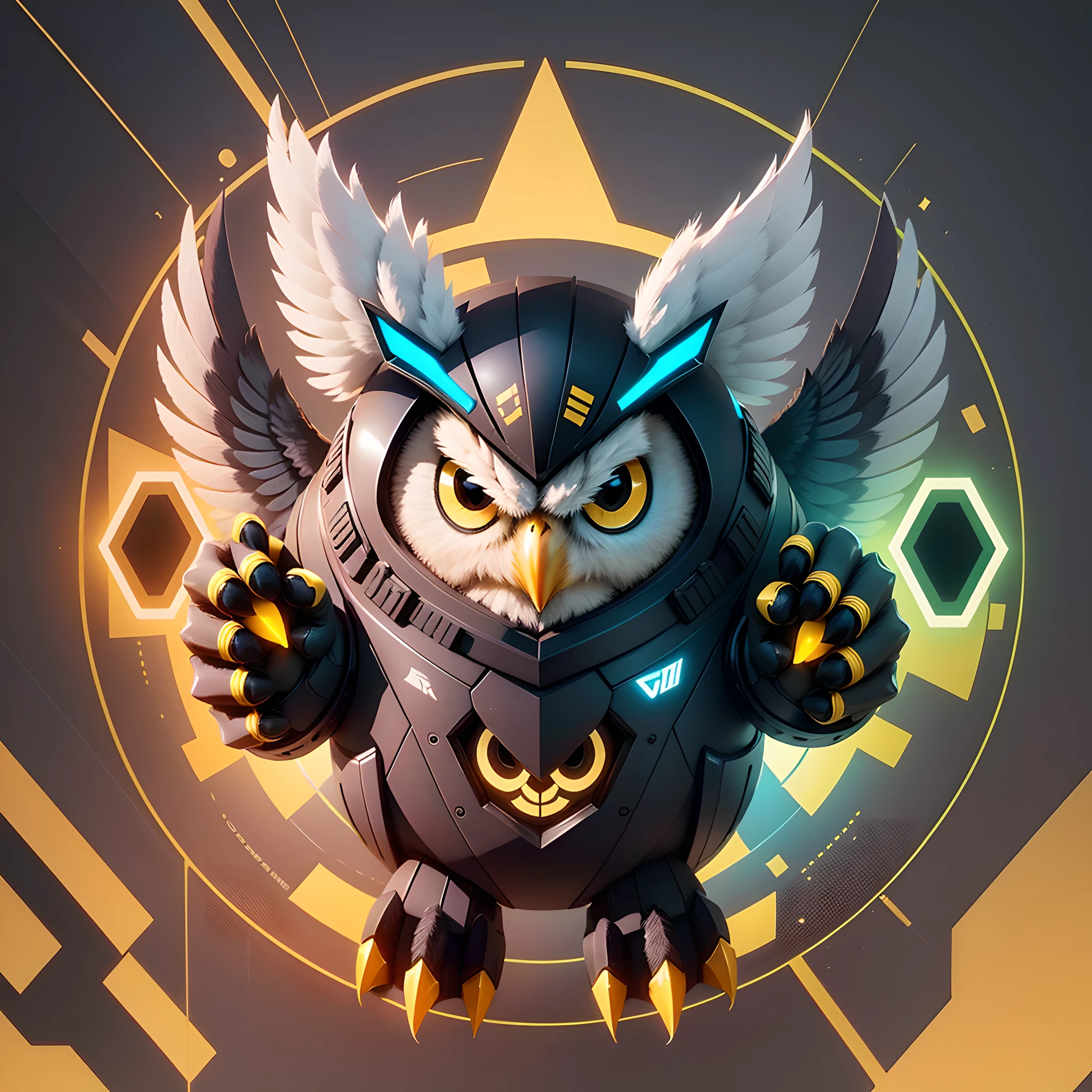 Please construct the image, in vectorized style of a robot owl, featuring only
 a head, use simple lines, to represent the shape of the animal, apply the colors black
 and golden yellow, this robot owl will be a lookout and protector against hacker attacks,
 the background can be a graphite background, the image can be inserted in a circle
 or a rectangle, this image will be used as a logo to represent a team of
 cyber security, with the correct details of the Owl, if it represents the paws, create only
two paws and define each finger well. --auto --s2