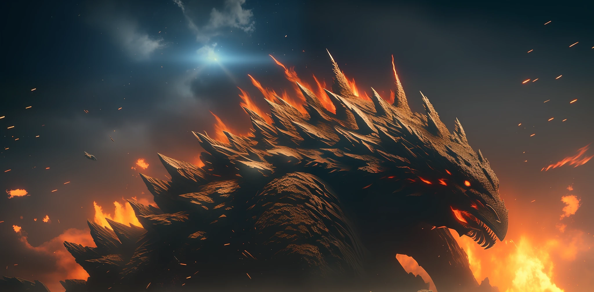 ((Best Quality)), ((Masterpiece)), (Highly Detailed:1.3), 3D, Beautiful, Nebulous, holding_weapon, Facing the Viewer, Bright Eyes, Full Body, Looking Up, glowing_eyes, Godzilla, Panorama, Background is Earth, Nebula, Space, Particles, Reality, HDR (High Dynamic Range), Ray Tracing, NVIDIA RTX, Super Resolution, Unreal 5, Subsurface Scattering, PBR Texturing, Post-Processing, Anisotropic Filtering, Depth of Field,  Maximum Clarity and Clarity, Multilayer Textures, Albedo and Specular Map, Surface Shading, Accurate Simulation of Light-Material Interaction, Perfect Aspect Ratio, Octane Render, Two-Tone Lighting, Large Aperture, Low ISO, White Balance, Rule of Thirds, 8K RAW, Efficient Sub-Pixel, Sub-pixel Convolution, Cinematic Scene of Godzilla in Tokyo Destroying Buildings, ((Detailed Buildings with Building Texture)) Bottom-Up View,  with flame and destruction effects, highly detailed and realistic, using volumetric lighting, ray tracing and fxaa, high resolution 8k, striking scene, ((Godzilla texture highly textured)