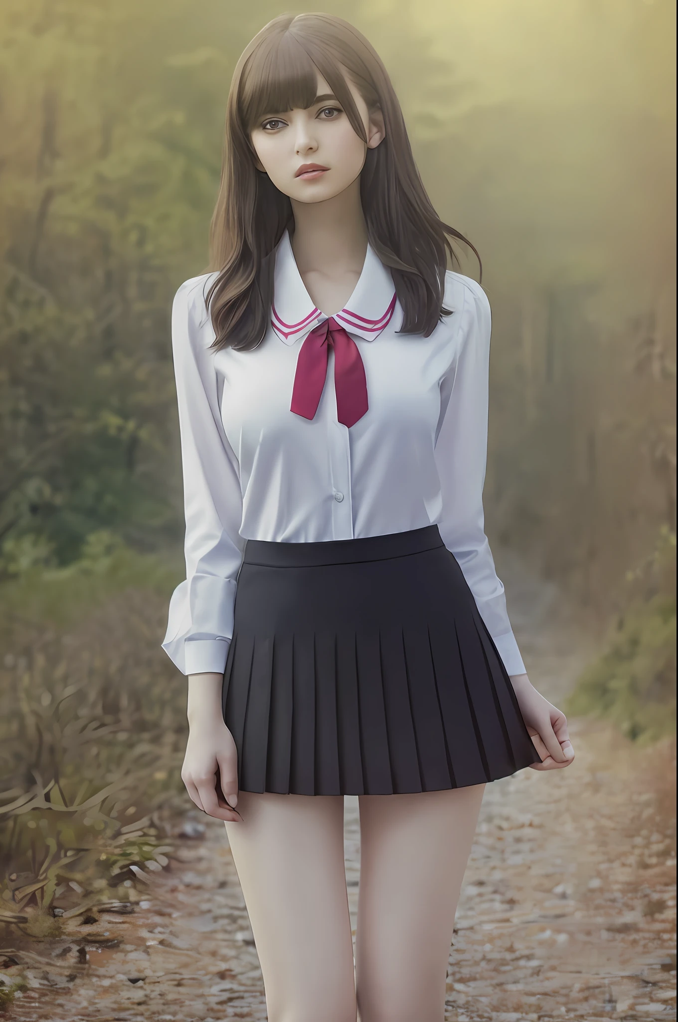 nsfw, 8K raw photo, (photorealistic:1.4), Best quality, masterpiece, ultra high res, film grain,filmg,
1girl, looking at viewer,
natural skin texture, realistic eye and face details, full lips,rouge \(makeup\), red eyeshadow, fluffy short hair, messy hair, smile, close mouth, beautiful legs, tall female, skinny, slim_legs, solo,
enormous breast,cleavage,
Pose with buttocks facing you,
ultra short skirt, ass, shirt,
beautiful nature location,around flower location, plaid skirt, white shirt,
Show a little cleavage through the shirt,
loafers,
blurry background, blurry, holding, plaid, short sleeves, jk ribbon on the neck, jk ribbon,
brown hair, bracelet, water, bangs, school uniform, jewelry, parted lips, lips, pleated skirt,
depth of field, black hair,
looking at viewer