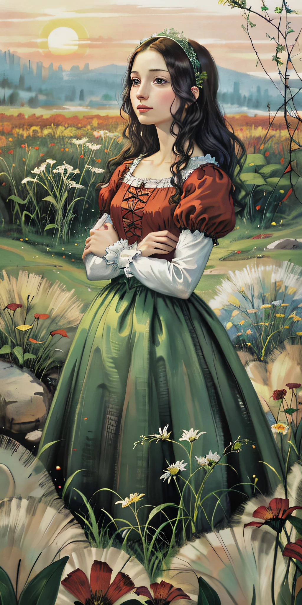 renaissance painting of 1 woman in a field of green plants and flowers, red dress, sunset, warm lighting