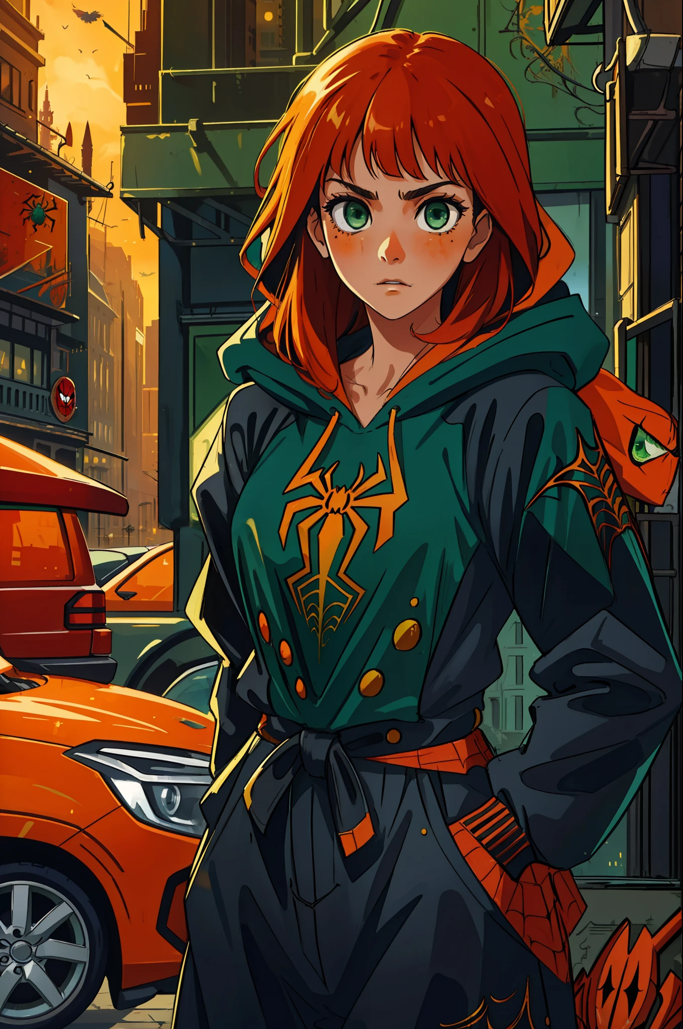 (masterpiece, best quality), intricate details, 8k, artstation, wallpaper, official art, splash art, sharp focus,
1girl, long hair, green eyes, orange hair, spider suit, spider web print, spider web
skyscrapers, city, buildings, cars, street, spiderman hooded outfit