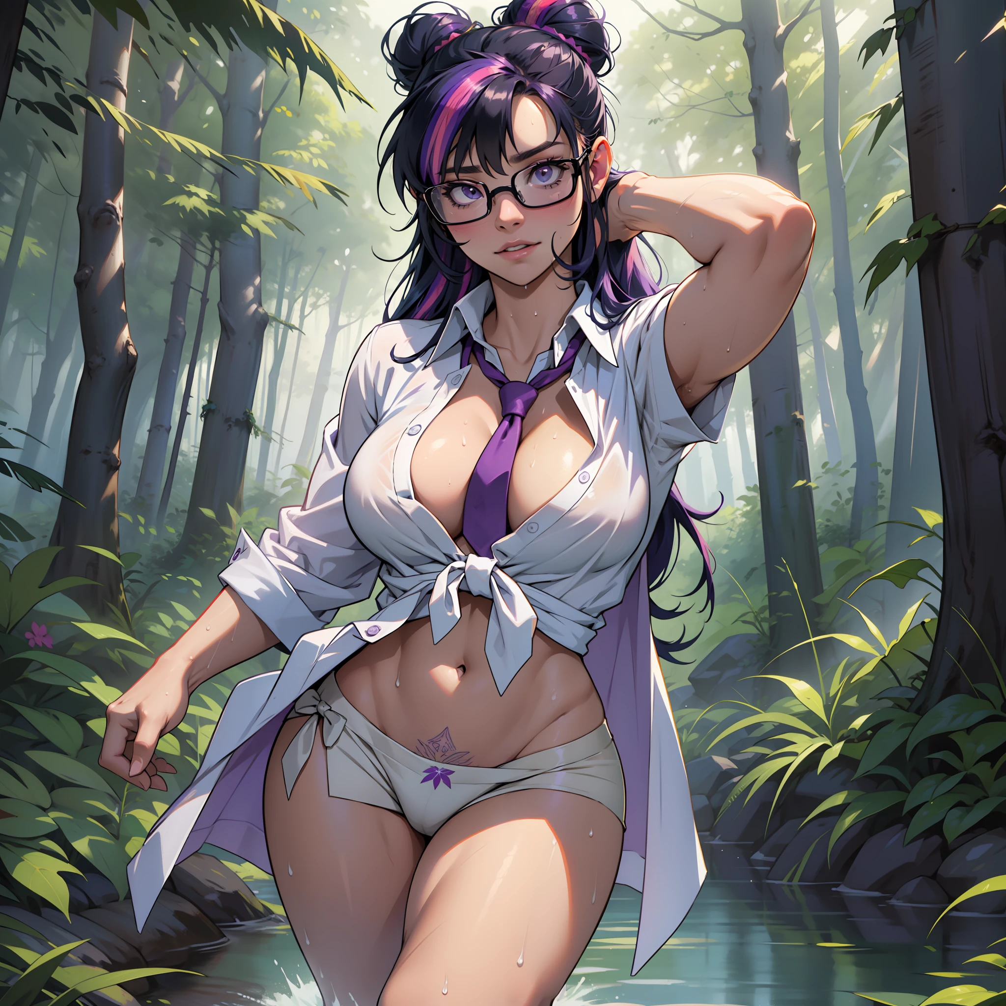 Twilight Sparkle, Twalight Sparkle from my little pony, Twalight Sparkle in the form of a girl, naked, big breasts, lush breasts, voluminous breasts, elastic breasts, wet underwear, you can see the whole body, the underwear shines through, sweat, wet with sweat, wears black glasses, hairstyle bun, shin, heels, feet, surprise on the face, five fingers, detailed hands, forest grass, vines, trees, coniferous forest, bound, vines entangle the body, white shirt unbuttoned, purple skirt at the feet, purple tie, tied with green vines, undressed, bath towel, in one towel, walking through the forest, full-length, standing on his feet