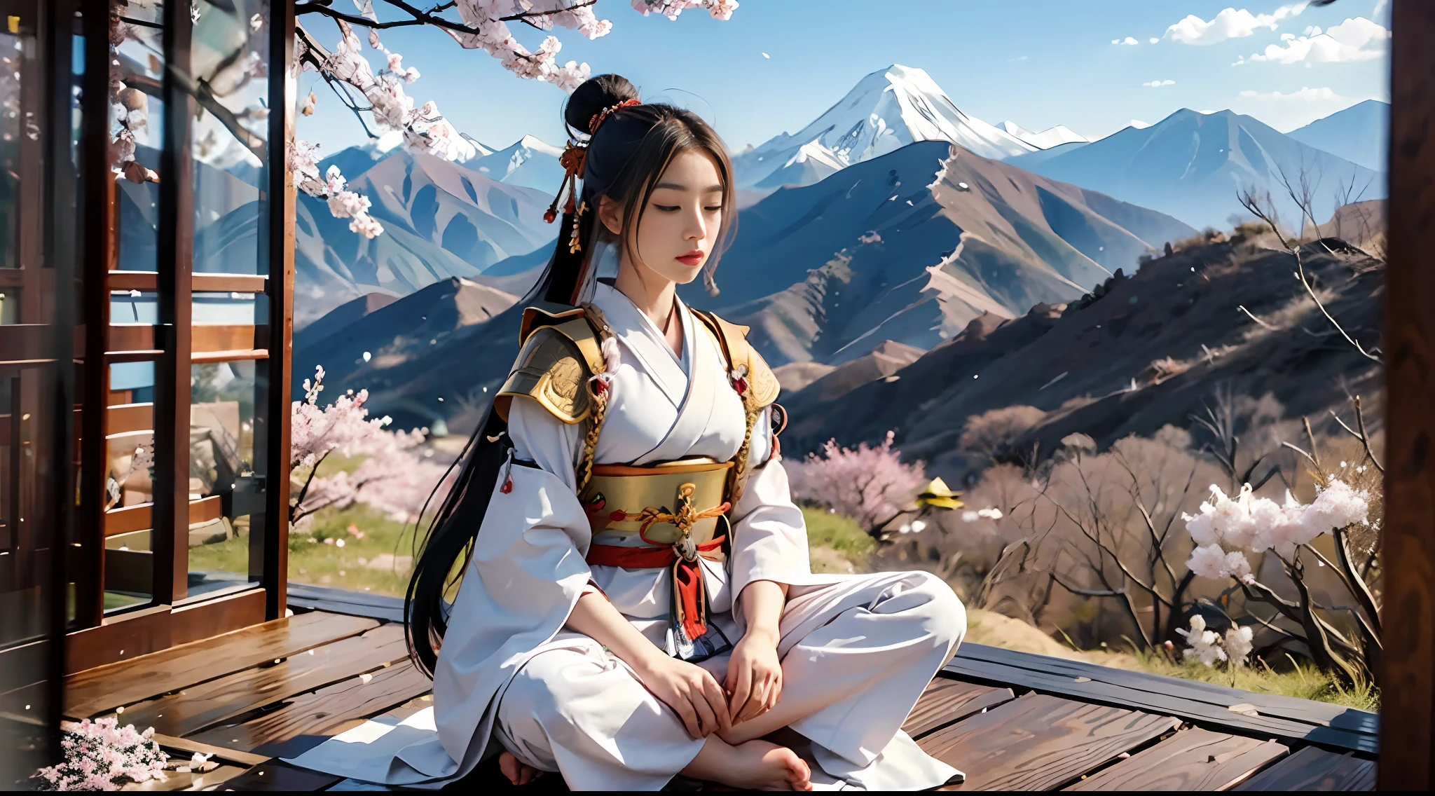 Cartoon of a samurai sensual girl, sitting in a meditation position, with his legs crossed and his eyes closed. He is in traditional samurai armor, with a katana at his side. In the background, there is a tranquil setting with cherry blossoms and mountains in the distance. The samurai emanates an aura of calm and serenity as he connects with his mind and body. --auto --s2
