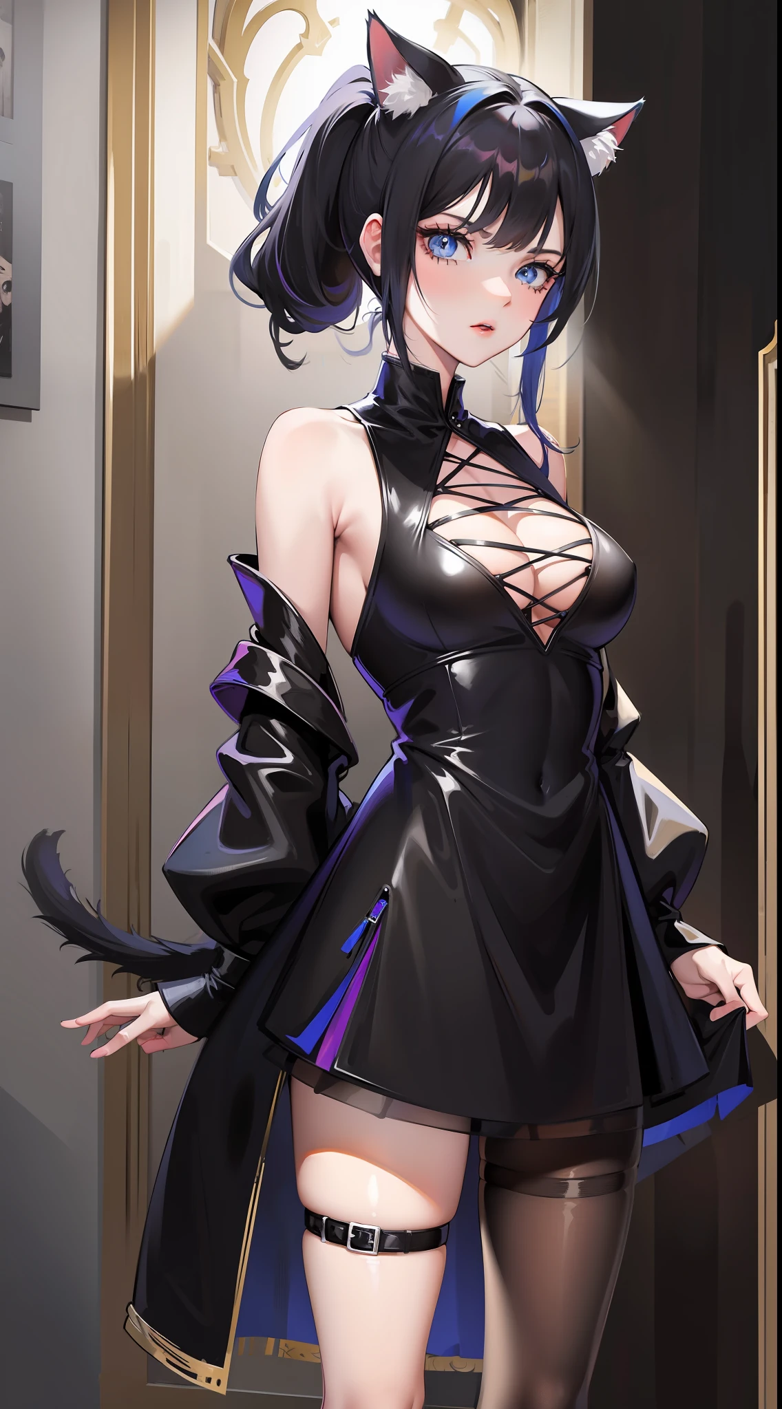 Adult girl, short black hair, high ponytail, blue eyes, cat ears, dark dress, open shoulders, stern look, masterpiece, high quality