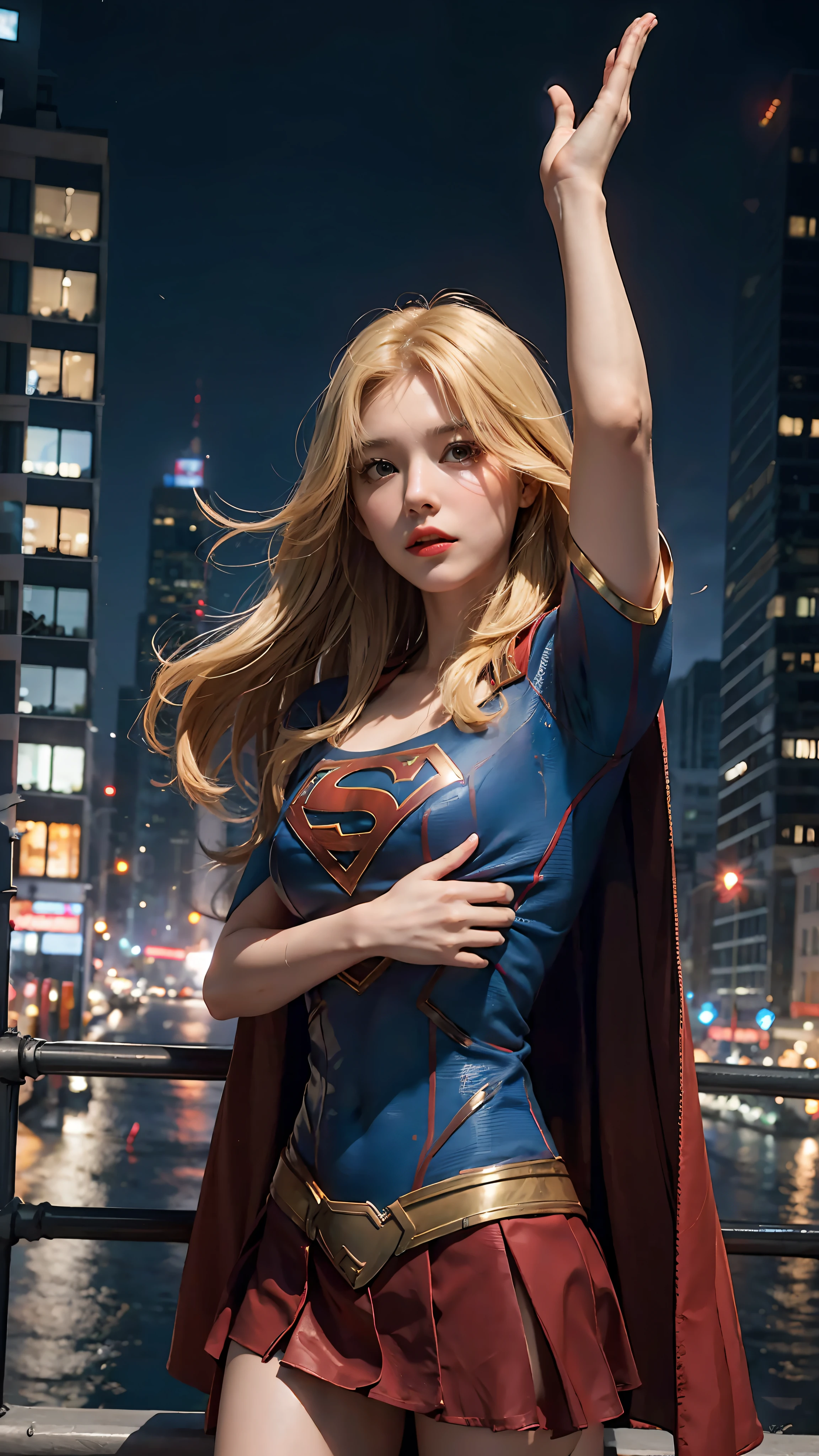 1 woman, Supergirl costume dress, medium breasts, blonde, night, city, lots of buildings, one arm raised, looking up, looking at camera
