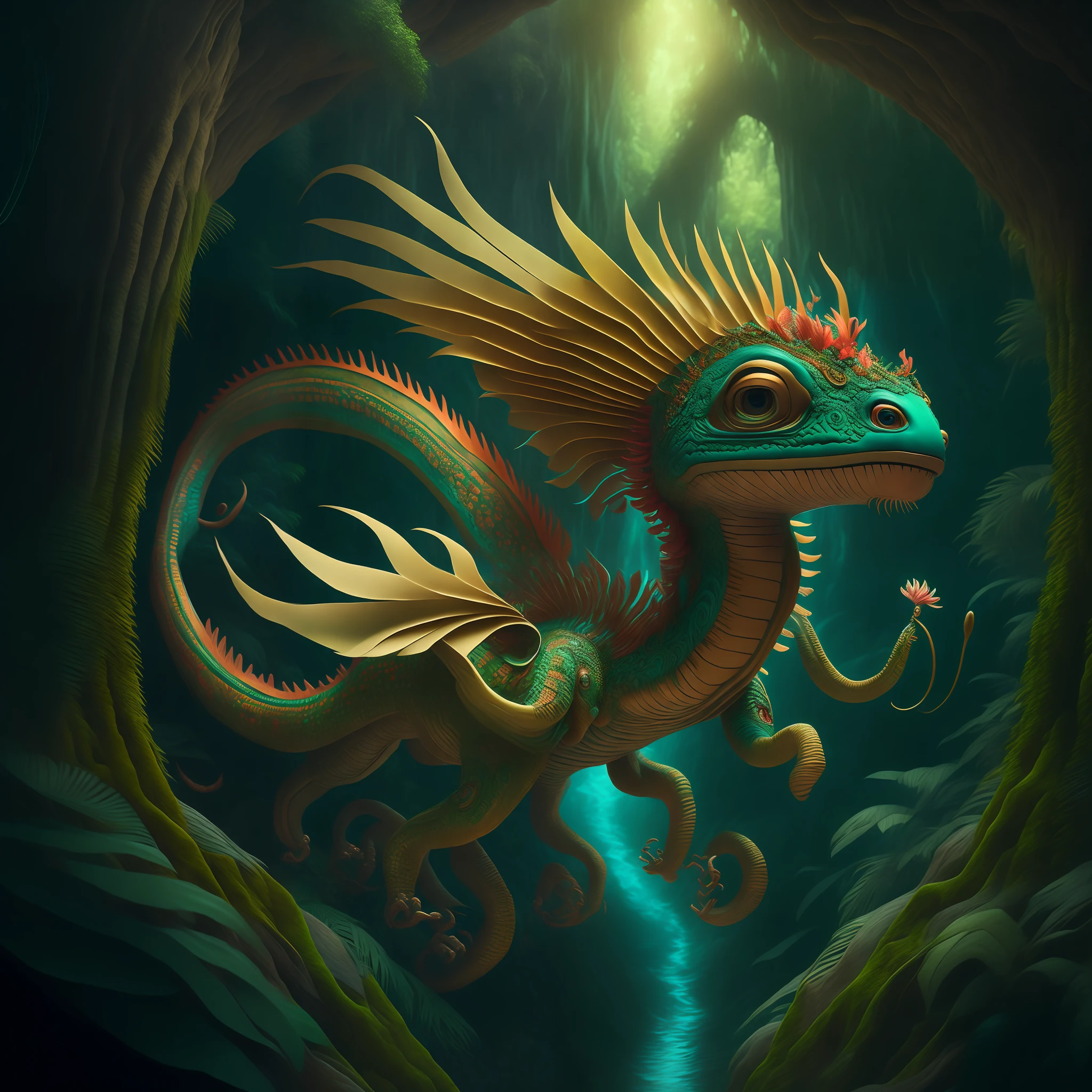 "Extremely Ultrarealistic Photorealistic cute Quetzalcoatl creature hovering in a vast jungle, by James Jean and Android Jones: Jeff Koons: Erin Hanson: Joe Fenton: Dan Mumford: professional photography, natural lighting, volumetric lighting maximalist photoillustration 8k resolution concept art intricately detailed, complex, elegant, expansive, fantastical:"