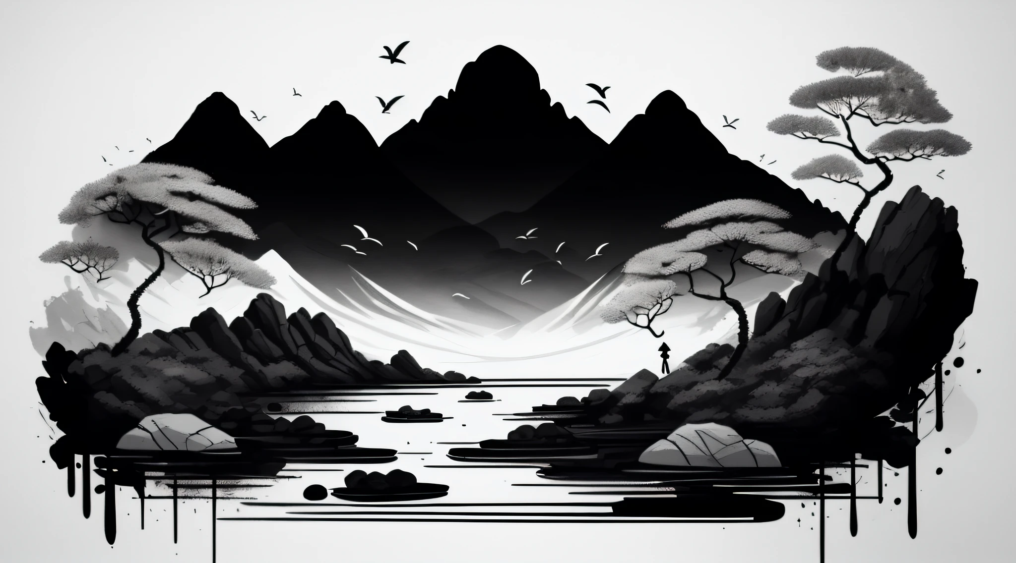 white background, there is a scorpion on the shore of a lake with various stones around, ink illustration, art illustration, black ink painting, black ink illustration, high contrast illustration, high contrast illustration, ink illustration, ink art, illustration art, illutstration, ink painting, painting illustration, poster illustration, spot illustration,  illustration!, art illustration, illustration », illustration painting