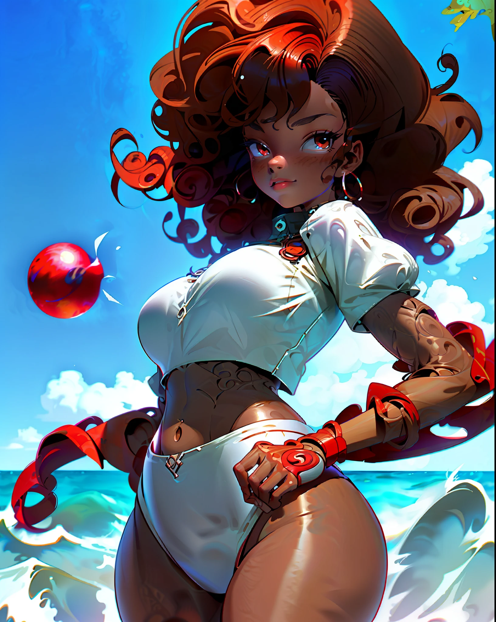 3D illustration of a young black woman on the beach, curly brown hair, slim waist with marked abdomen, small breasts, wide hips, thick thighs, red bikini.
