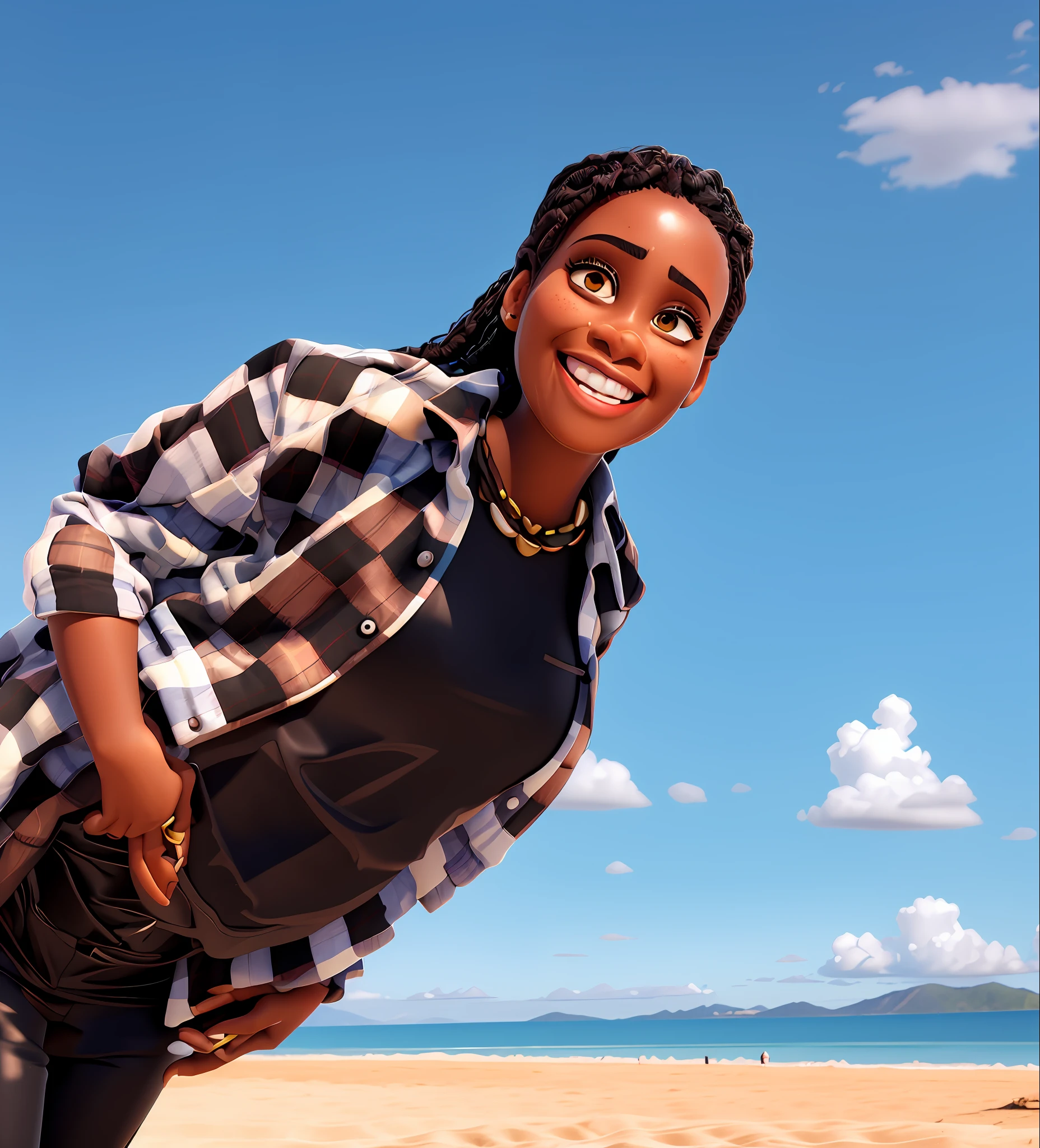 ((super realistic)) photograph of one black woman smiling dressed in plaid shirt and black cool trousers posing for a picture on a sunny beach, laura zalenga, earing, full smiling pose, headshot profile picture, Imane Anys-esque, headshot photo, by Ella Guru, ((oversaturated)), edited, casual pose, photo taken in 2023, smiling playfully