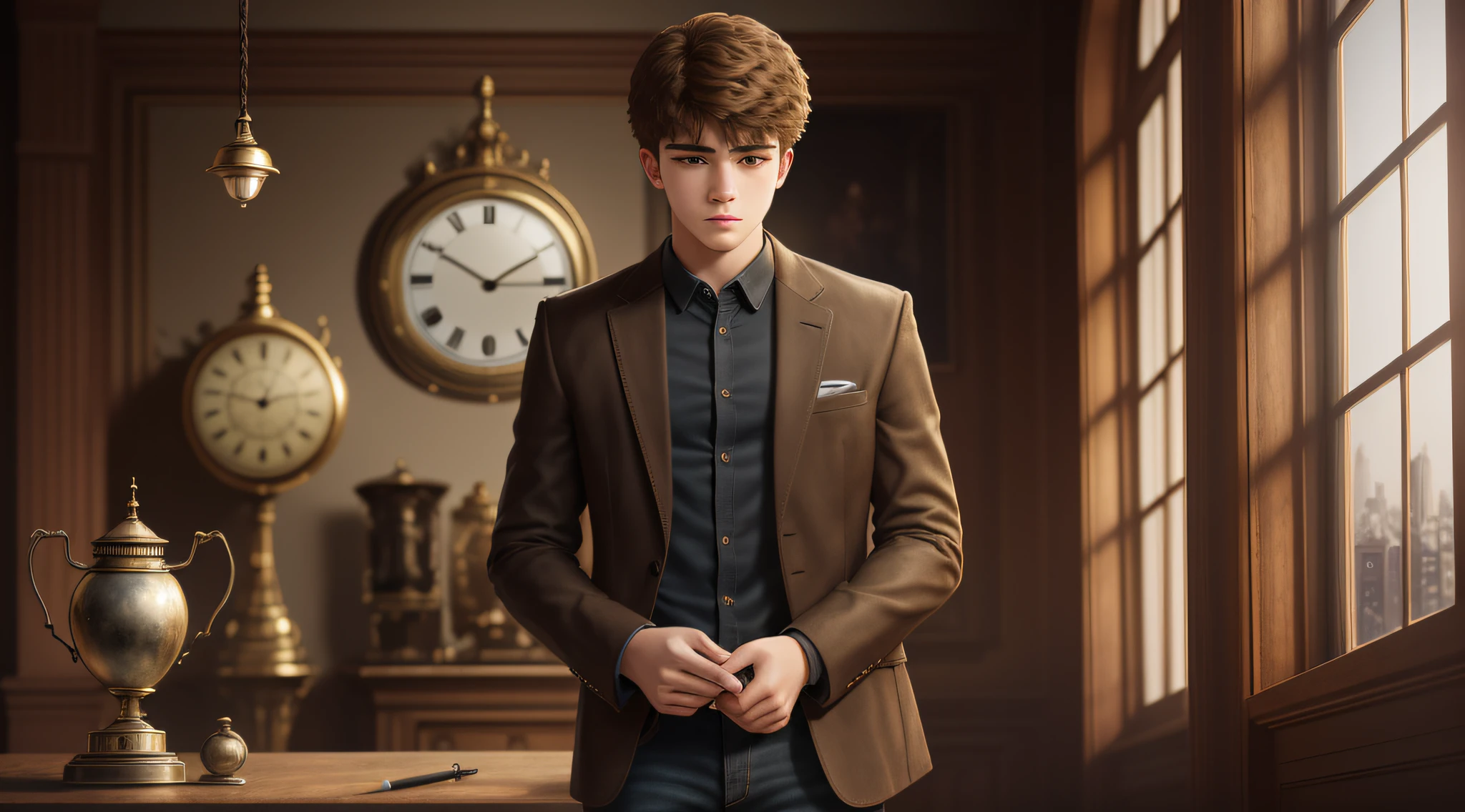 Drawing, ultra realistic, 8k, extremely detailed, in the best quality, a 17-year-old teenage man, standing, with an antique clock in his hand, in the background a blurry city --auto --s2