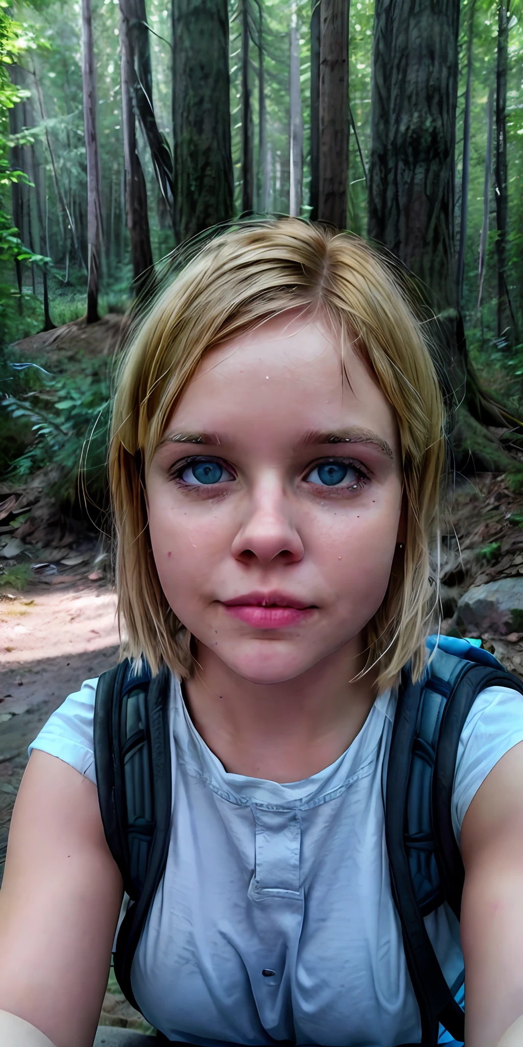 1 young beautiful white swedish blonde woman with blue eyes and short hair, (((pixie cut))), devil_smile, azure eyes, chubby, beautiful figure, tight-fitting clothes, ((upper body selfie, happy)), masterpiece, best quality, super detailed, solo, outdoor, (night), mountains, nature, (stars, moon) cheerful, happy, backpack, sleeping bag, camping stove, water bottle, mountain boots, gloves, flashlight, forest, rocks, river, tree, smoke, shadows, contrast, clear sky, analog style (viewer look:  1.2) (skin texture) (film grain: 1.3) , (warm tint, warm tone): 1.2), close-up, cinematic light, side lighting, ultra-high resolution, best shadow, RAW, upper body, (RSERomantic:0.8)(RSEEmma:0.6)