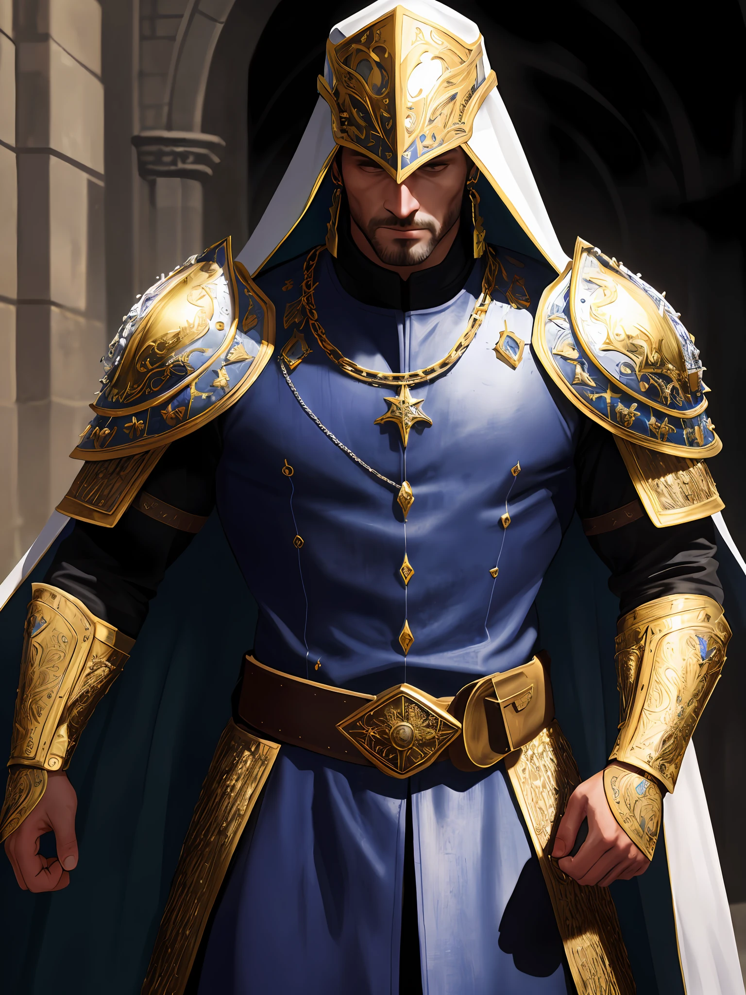 (High quality: 1.3), cinematic shot, masterpiece, (sharp focus: 1.5), (realistic photo: 1.3), medium portrait of (a medieval knight but still proud and fierce, dressed in white robe covering his head wearing blue belt and gold armor elaborately detailed chain mail, highly detailed skin, detailed face, detailed background, twilight lighting, volumetric lighting, complex details, UHD, 8k.