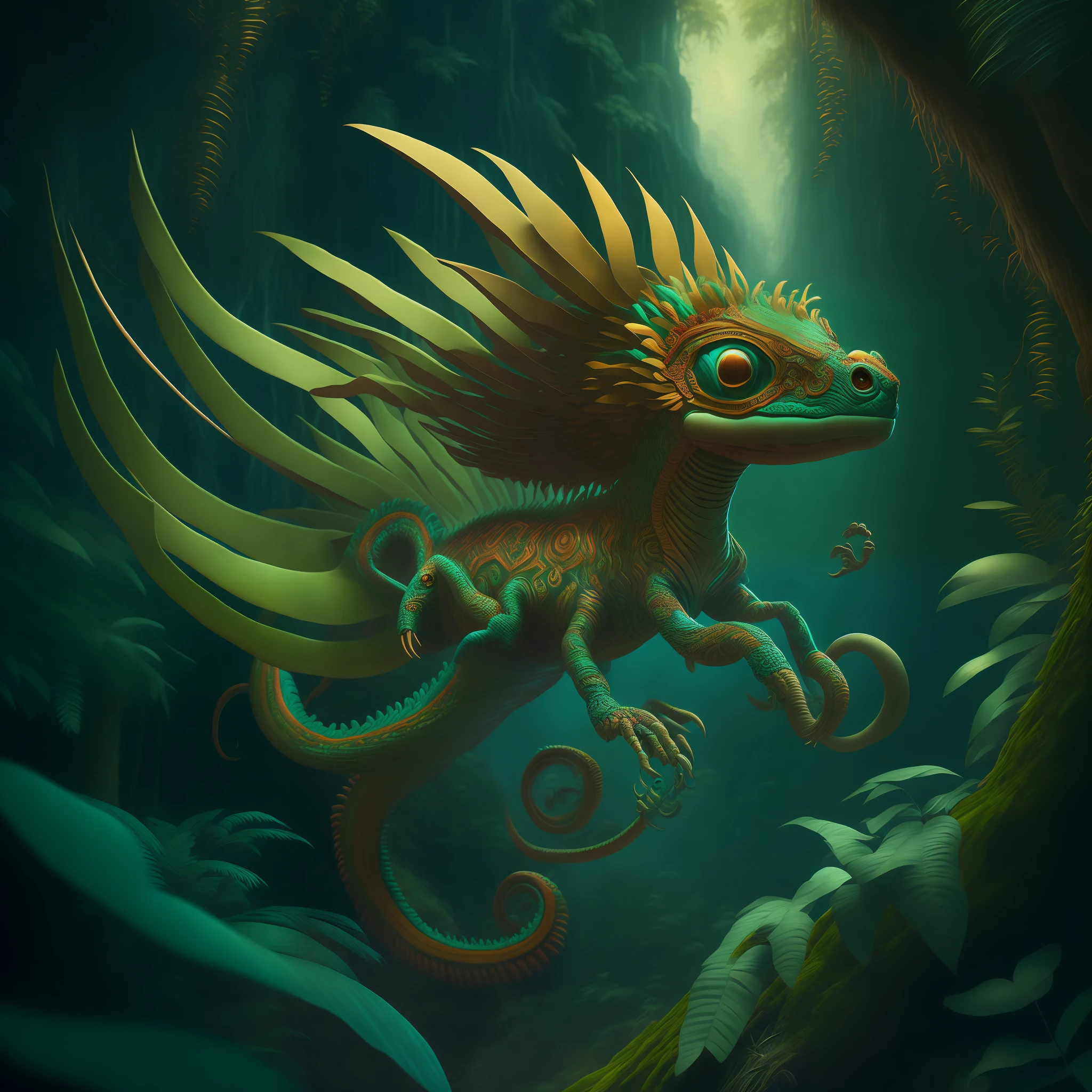 "Extremely Ultrarealistic Photorealistic cute Quetzalcoatl creature hovering in a vast jungle, by James Jean and Android Jones: Jeff Koons: Erin Hanson: Joe Fenton: Dan Mumford: professional photography, natural lighting, volumetric lighting maximalist photoillustration 8k resolution concept art intricately detailed, complex, elegant, expansive, fantastical:"