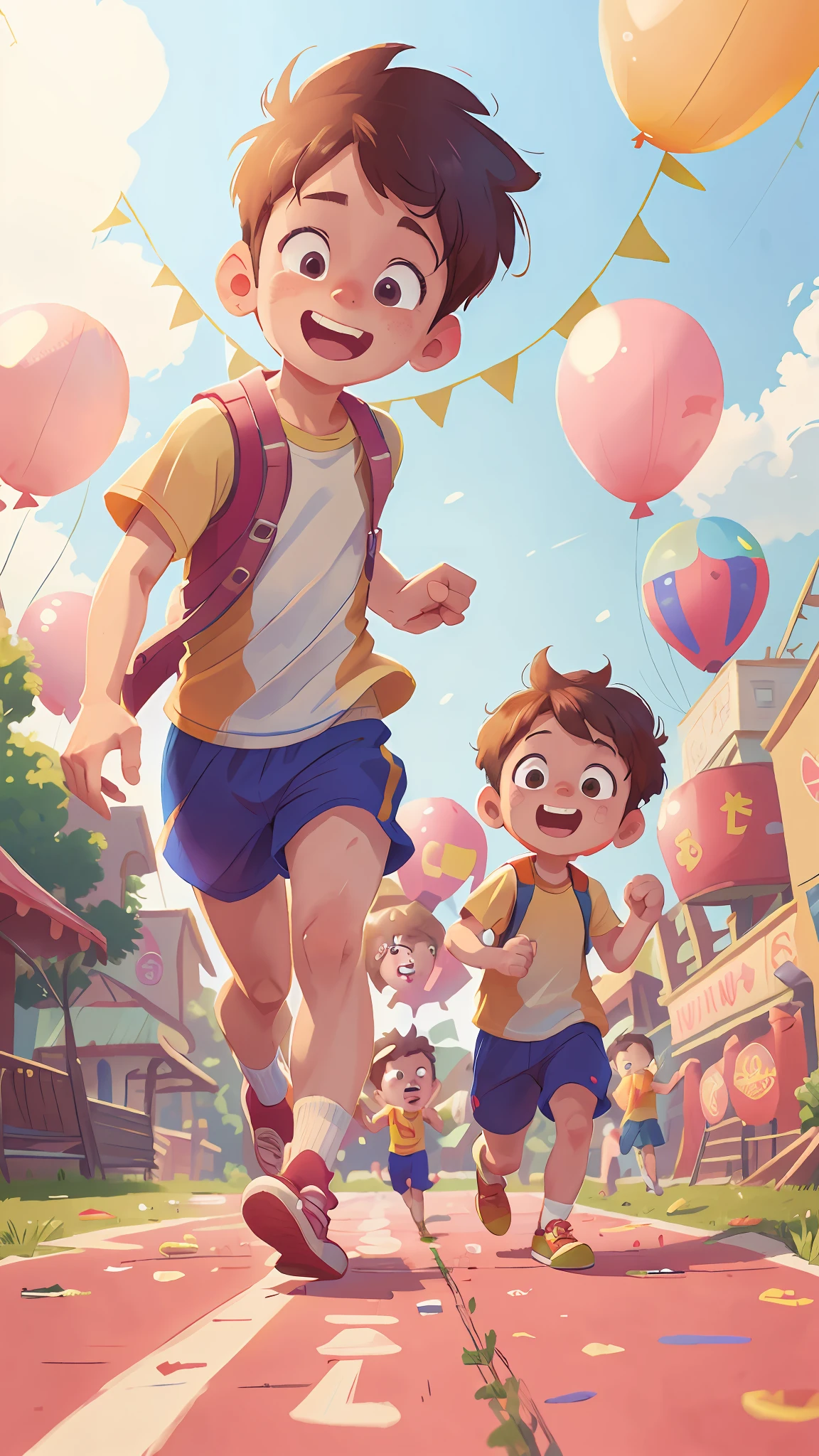 Two running boys, amusement park, holding balloons, happy, happy, perfect quality, clear focus (clutter - home: 0.8), (masterpiece: 1.2) (Realistic: 1.2) (Bokeh) (Best quality) (Detailed skin: 1.3) (Intricate details) (8K) (Detail Eyes) (Sharp Focus), (Happy)