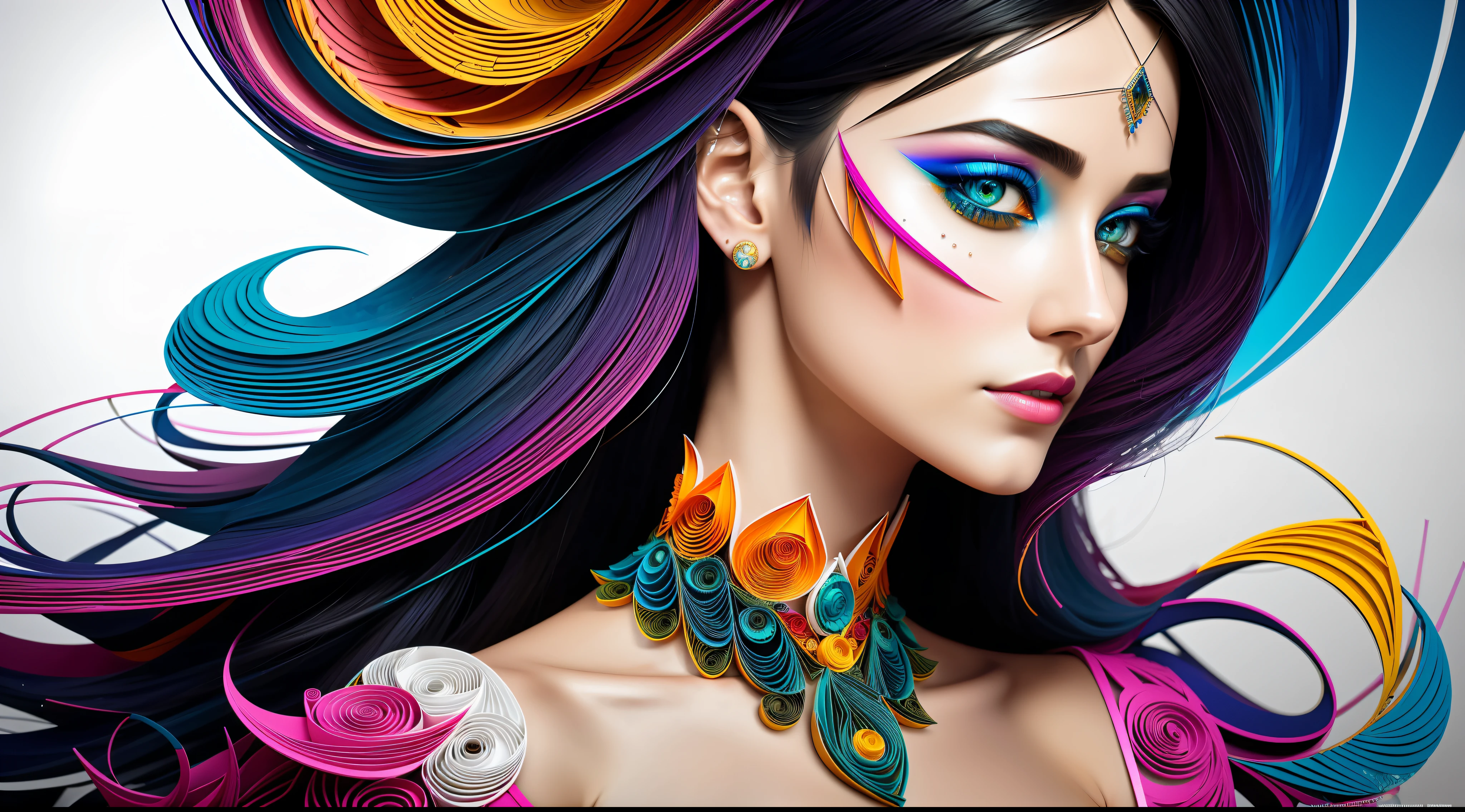 ultra detailed artistic abstract photography of Geometrical Woman, 32k trendy abstract poster of a beautiful woman, hair made of 3D paper quilling design, abstract paper quilling, detailed symmetric hazel eyes with circular iris, shattered paper fragments, natural body posture, by artist russ mills, art by alberto seveso, by Carne Griffiths, by Wadim Kashin, symmetrical, abstract artstyle, intricate complex watercolor painting, sharp eyes, digital painting, color explosion, concept art, voluminetric lighting, TanvirTamim, 3D octane render, 8k. by artgerm, trending on artstation, cinematic 4d, Epic cinematic brilliant stunning intricate meticulously detailed dramatic atmospheric maximalist digital matte painting, realistic, complementary colors