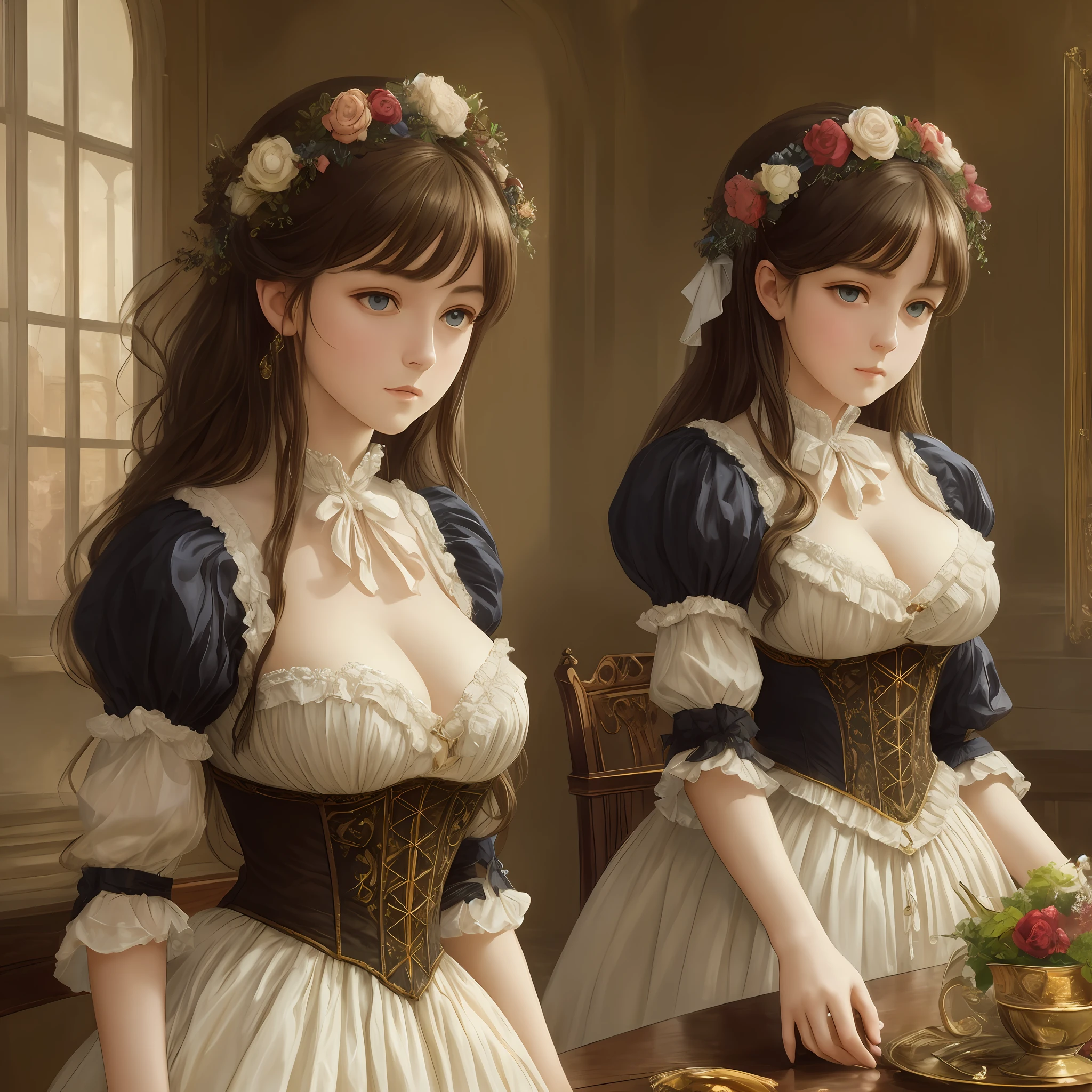 (Pure Color: 0.9), (Color: 1.1), (Masterpiece: 1,2), Best Quality, Masterpiece, High Resolution, Original, Highly Detailed Wallpaper, Beauty, Victorian, Dress, Sad, Big Breasts, Sepia Color, Oil Painting, 30 years old --auto --s2