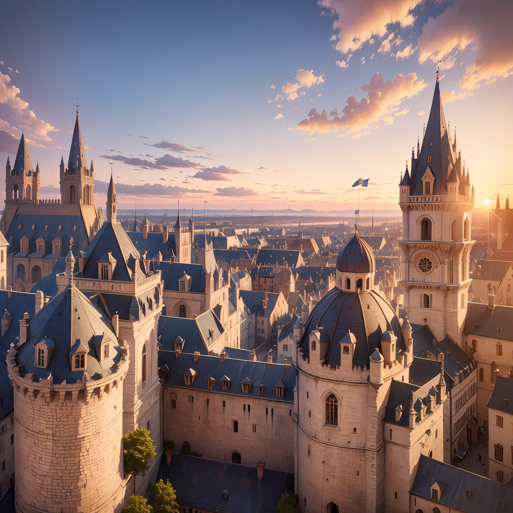 Medieval city, majestic, city walls, bustling, 4k, kingdom, flag waving, sunset