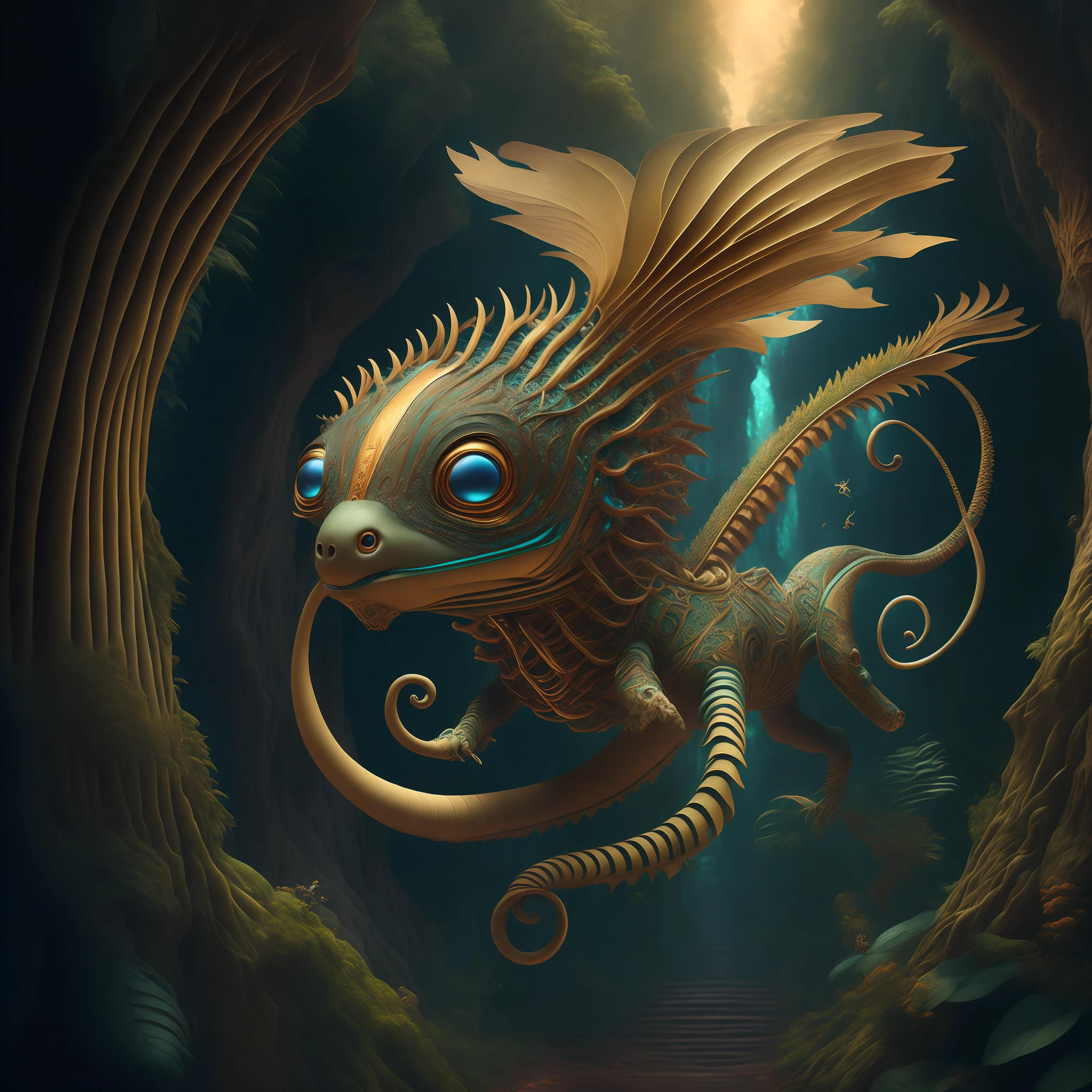 "Extremely Ultrarealistic Photorealistic cute noble Cosmic Alien Quetzalcoatl creature hovering in a vast jungle, by James Jean and Android Jones: Remedios Varo: Leonora Carrington: Naoto Hatori:Jeff Koons: Erin Hanson: Joe Fenton: Dan Mumford: professional photography, natural lighting, volumetric lighting maximalist photoillustration 8k resolution concept art intricately detailed, complex, elegant, expansive, fantastical:"