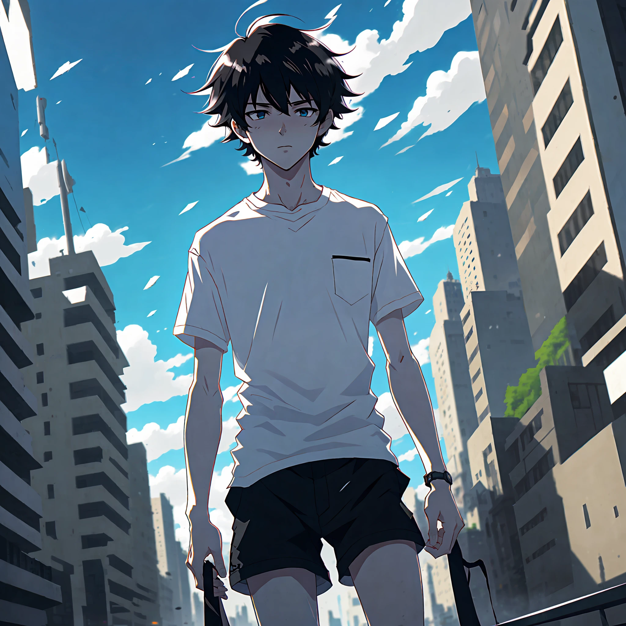 Boy 18 years, defined, white shirt, black shorts, stylish, anime style, messy hair, normal city background
