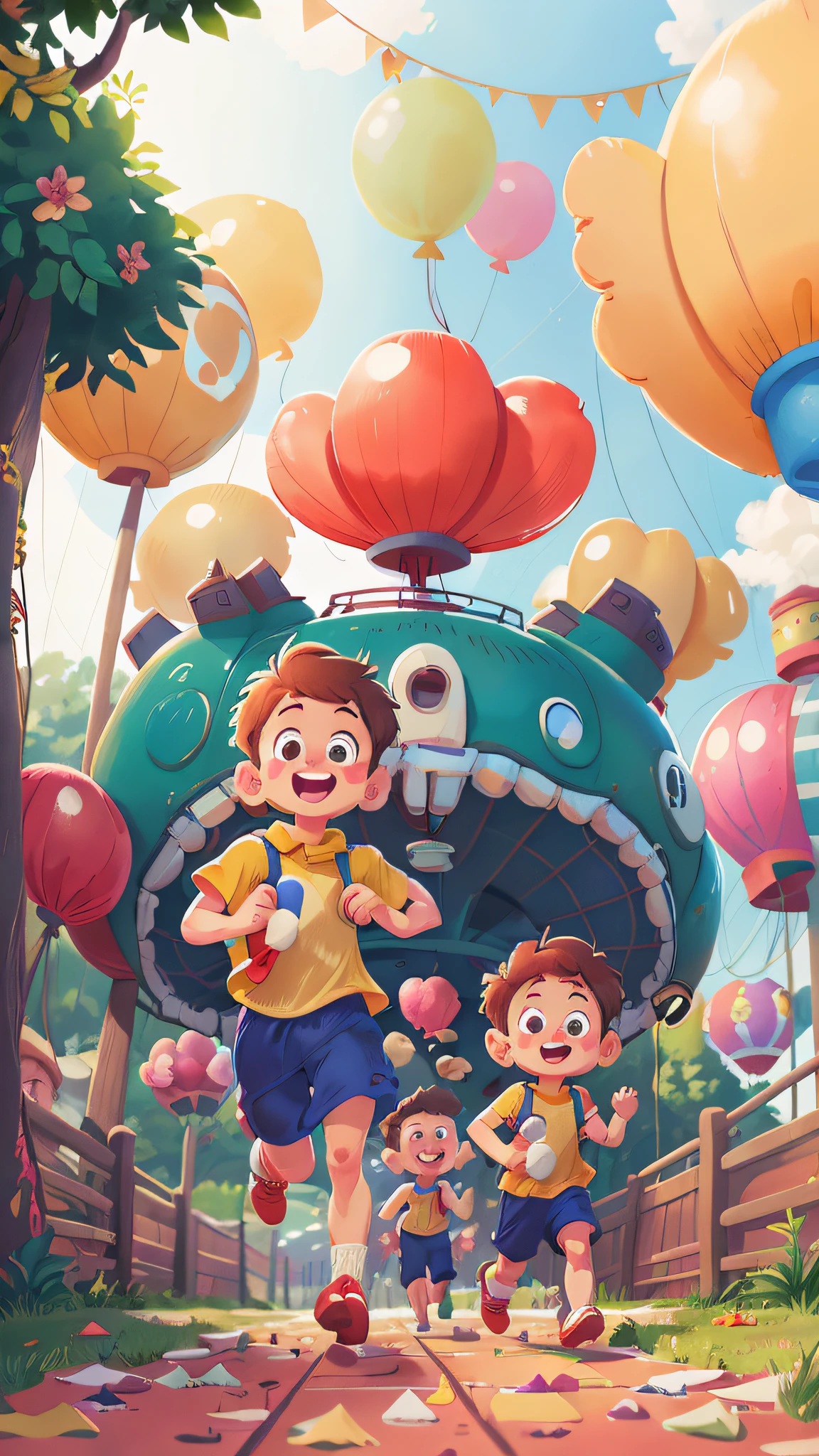 Two running boys, amusement park, holding balloons, happy, happy, perfect quality, clear focus (clutter - home: 0.8), (masterpiece: 1.2) (Realistic: 1.2) (Bokeh) (Best quality) (Detailed skin: 1.3) (Intricate details) (8K) (Detail Eyes) (Sharp Focus), (Happy)