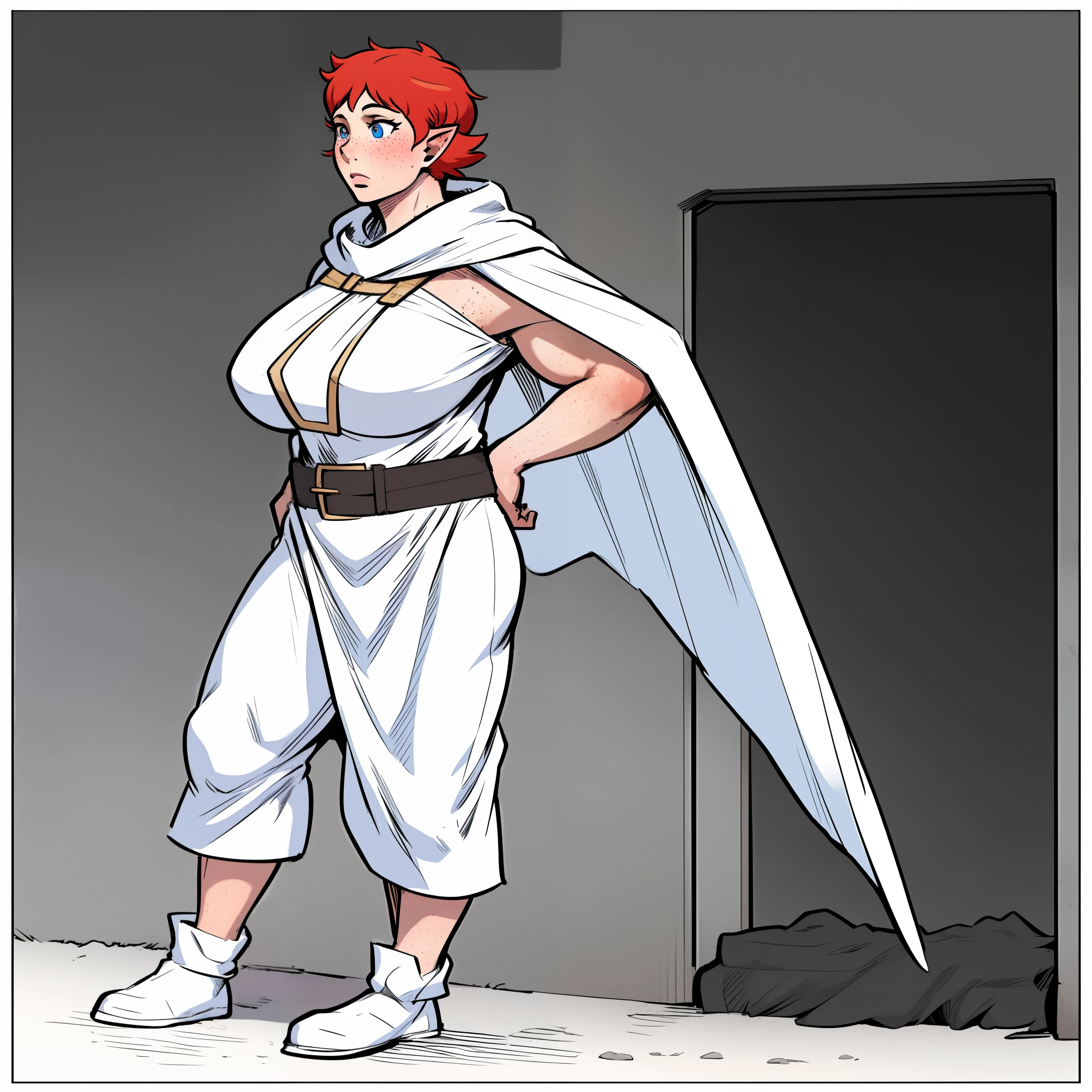 huge chest, tall woman, red hair, nun, priestess, curvy, short hair, tomboy, freckles, portrait,1character, full body,1girl, tall female, solo, solo focus, walking