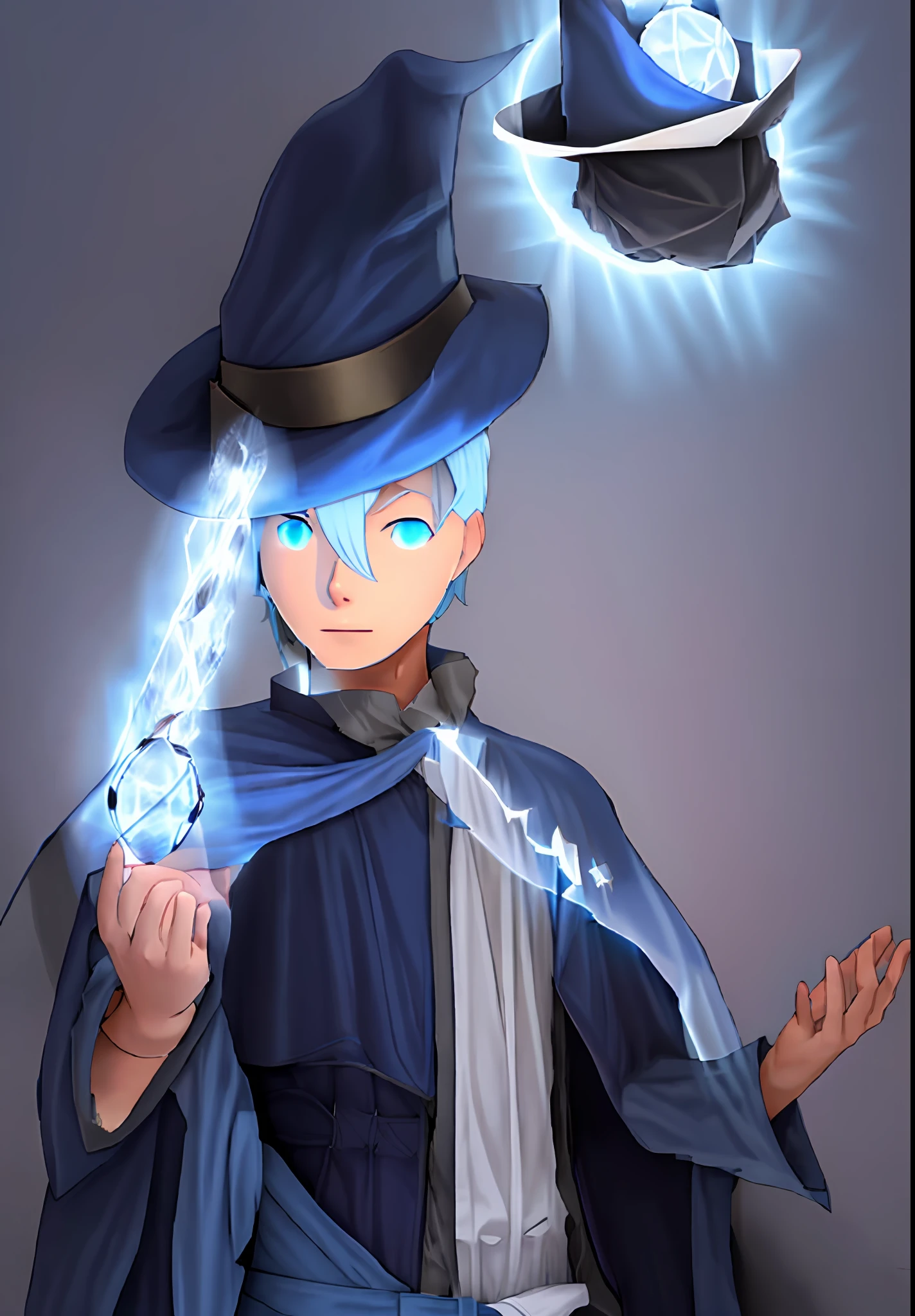 a drawing of a man in hat and cape, wizard pondering his orb, t-pose of wizard, half summoner half megumin, holding a pose of prudish, t-pose of male mage, a sorceress throwing a ball of ice, young wizard, pose gesture of prudish, character with a hat, perfect lineart,bright light blue hair,light blue eye, dark blue hat being illuminated by the sun,dark blue robe,blue brusa,light blue complicle sleeve,