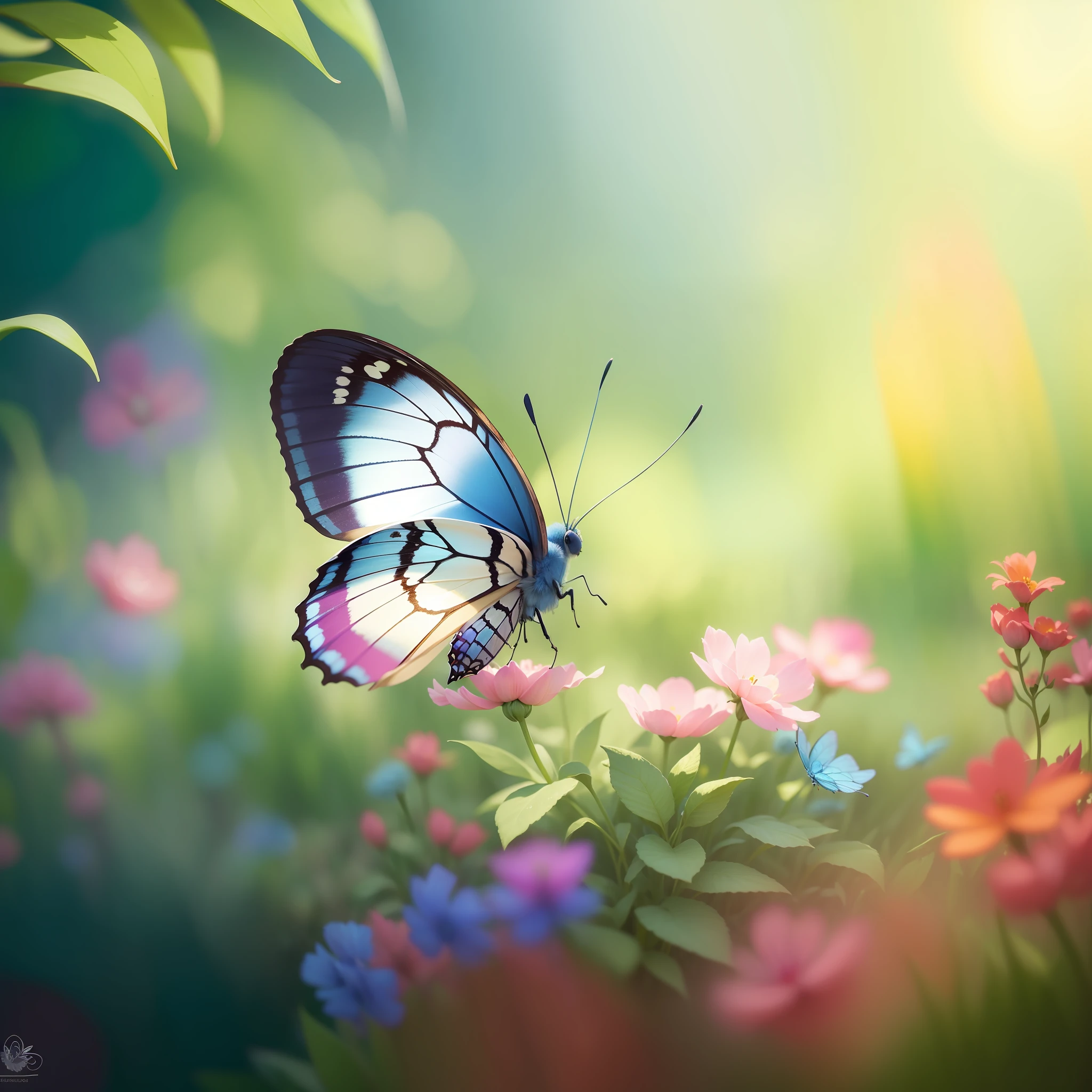 A fluffy blue butterfly flies gracefully in a lovely garden, surrounded by lush flowers. Its delicate wings glow with vibrant shades of blue, reflecting the sunlight that penetrates between the colorful leaves and petals around it. The garden is a true festival of colors, with flowers of all kinds - red roses, white daisies, yellow tulips and orange lilies, all dancing in the gentle breeze. Bees happily buzz around them, while birds chirp a melodic serenade in the nearby treetops --auto --s2