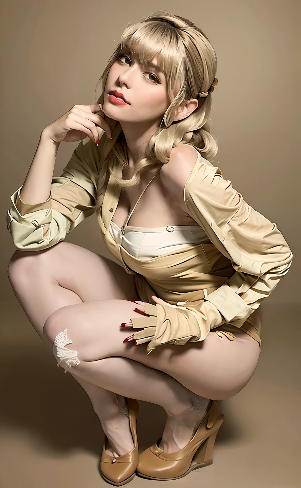 painting of a woman style pin up, pin up, layered painting, multi layer painting, hyper realistic. colors in shades of beige, beige, diffused ambient light, beige socks, beige pantyhose, transparent shoes, Vargas style