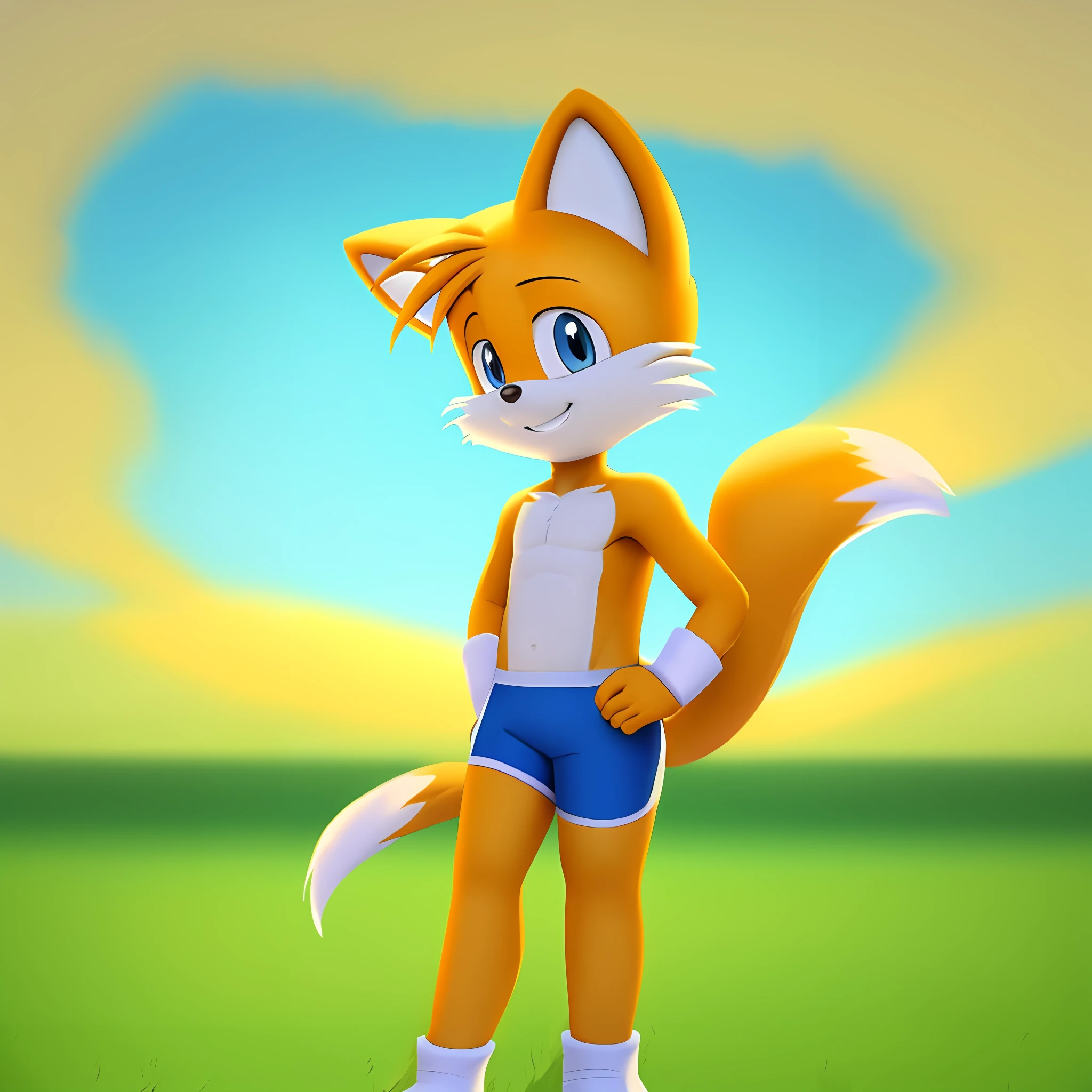 masterpiece, Miles Tails Prower shirtless and wearing a tight blue running shorts, solo, no group, no double, smiling, great lighting, soft light, no logo mark, on the field, no extra limbs