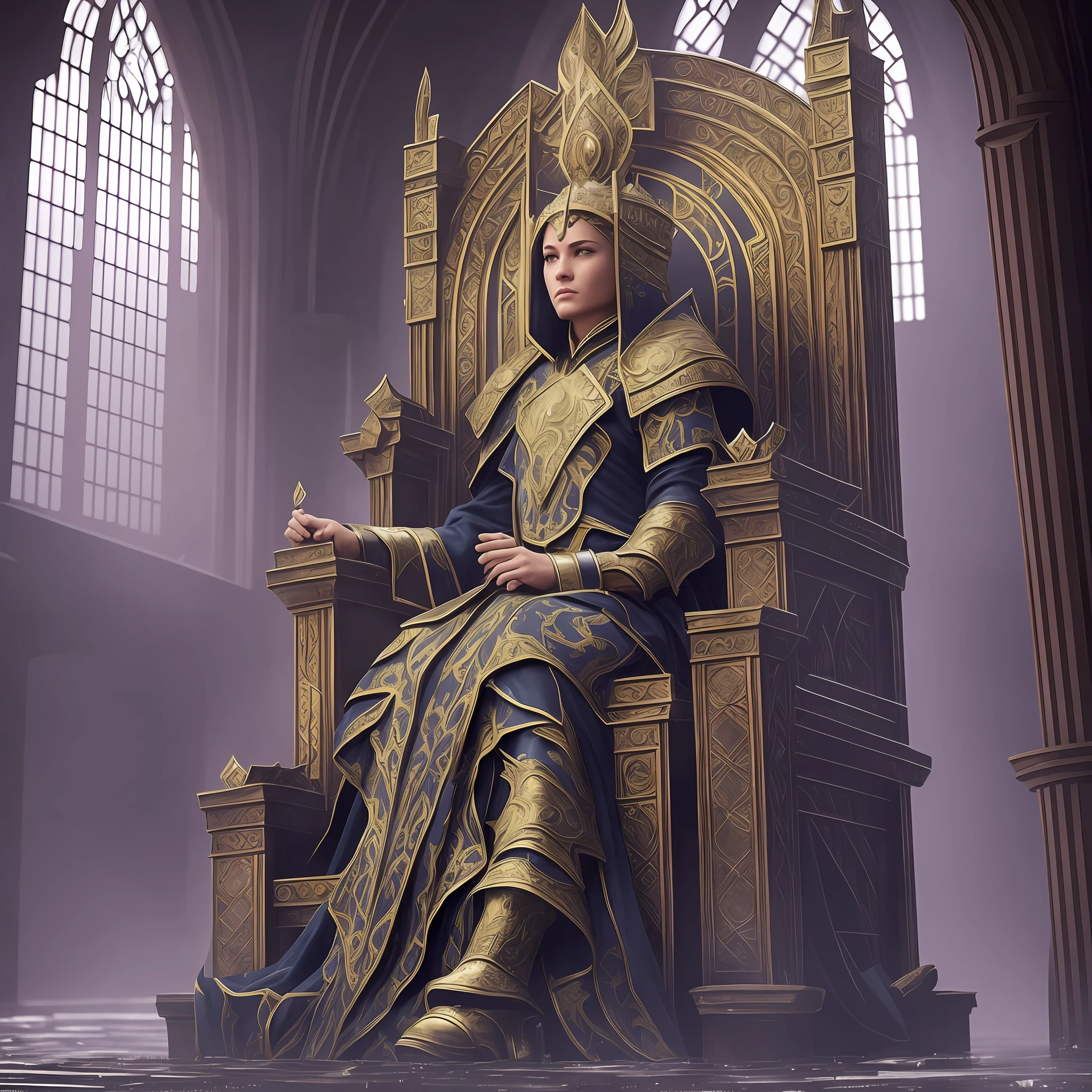 an old prophet sitting on the throne in the heart of the city of Glas, the throne is a very damp place full of puddles and leaks, royal, intimidating, ornate armor, royal crown, blurry background, natural lighting, short hair twintails, Looking_at_viewer, solo, highly detailed 8k --auto --s2