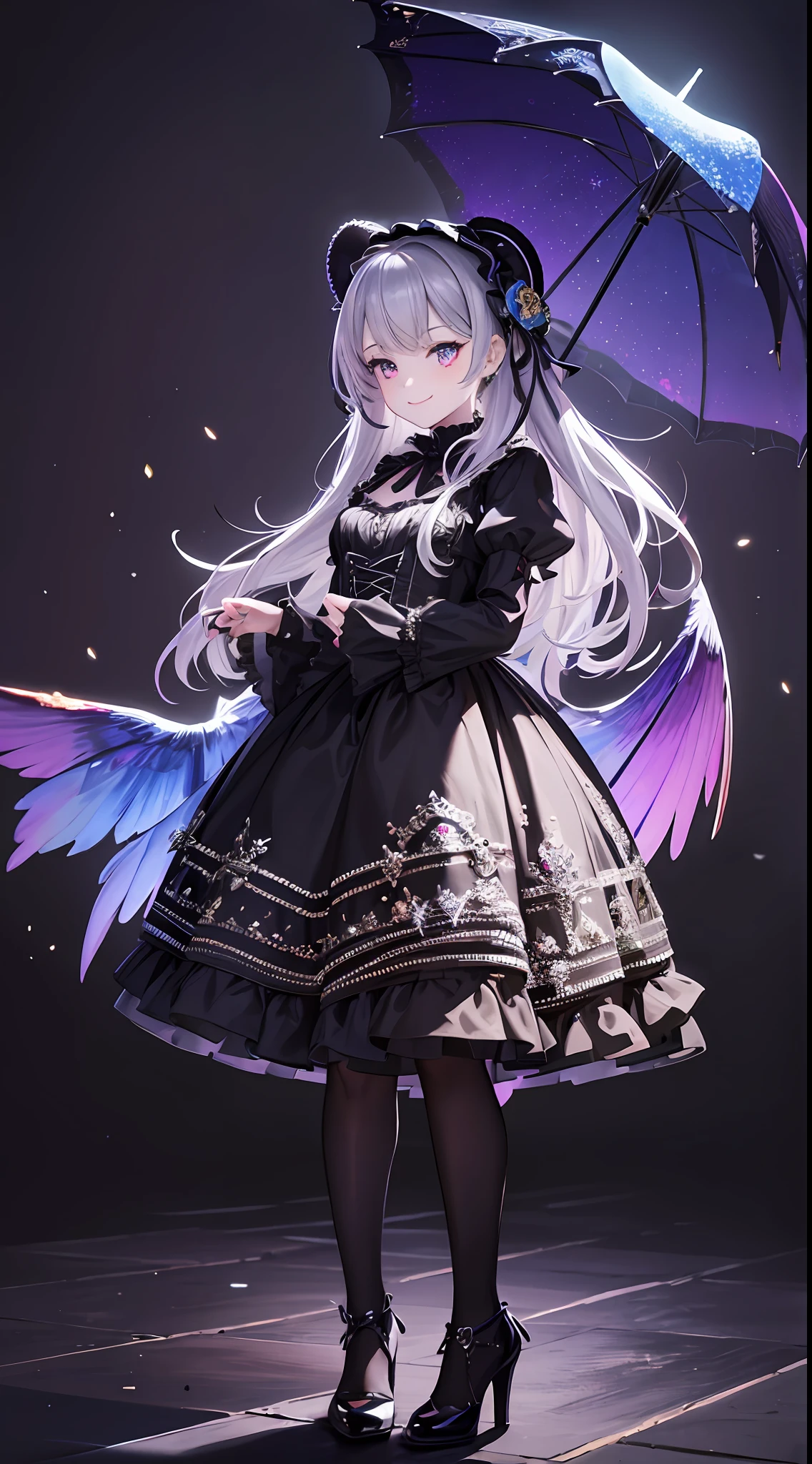 Masterpiece, high resolution, wide angle, detailed Gothic architecture, composition with depth, 10,000 colors, colorful, craftsmanship, ((1 girl), 9 figures, looking towards the viewer, smiling, silver hair),, crystal ornaments, colorful decorations, backlit, grains of light fluttering, detailed Gothic, (Maximalism: 1.6), diffused lighting, (depth of field: 1.2), Gothic Lolita, bird's-eye view, light up, light effect, light effect, stuffed bear, rainbow effect,