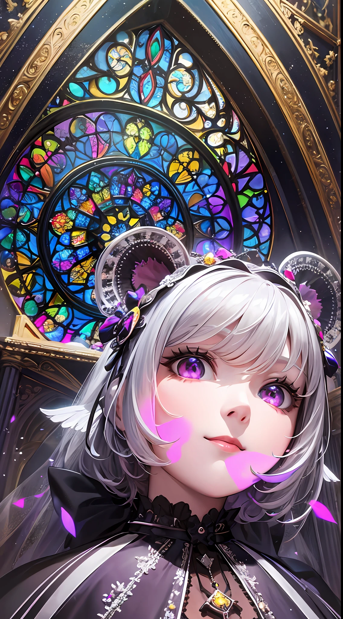 Masterpiece, high resolution, wide angle, detailed Gothic architecture, composition with depth, 10,000 colors, colorful, craftsmanship, ((1 girl), 9 figures, looking towards the viewer, smiling, silver hair),, crystal ornaments, colorful decorations, backlit, grains of light fluttering, detailed Gothic, (Maximalism: 1.6), diffused lighting, (depth of field: 1.2), Gothic ta, bird's-eye view, light up, light effect, light effect, stuffed bear, rainbow effect,