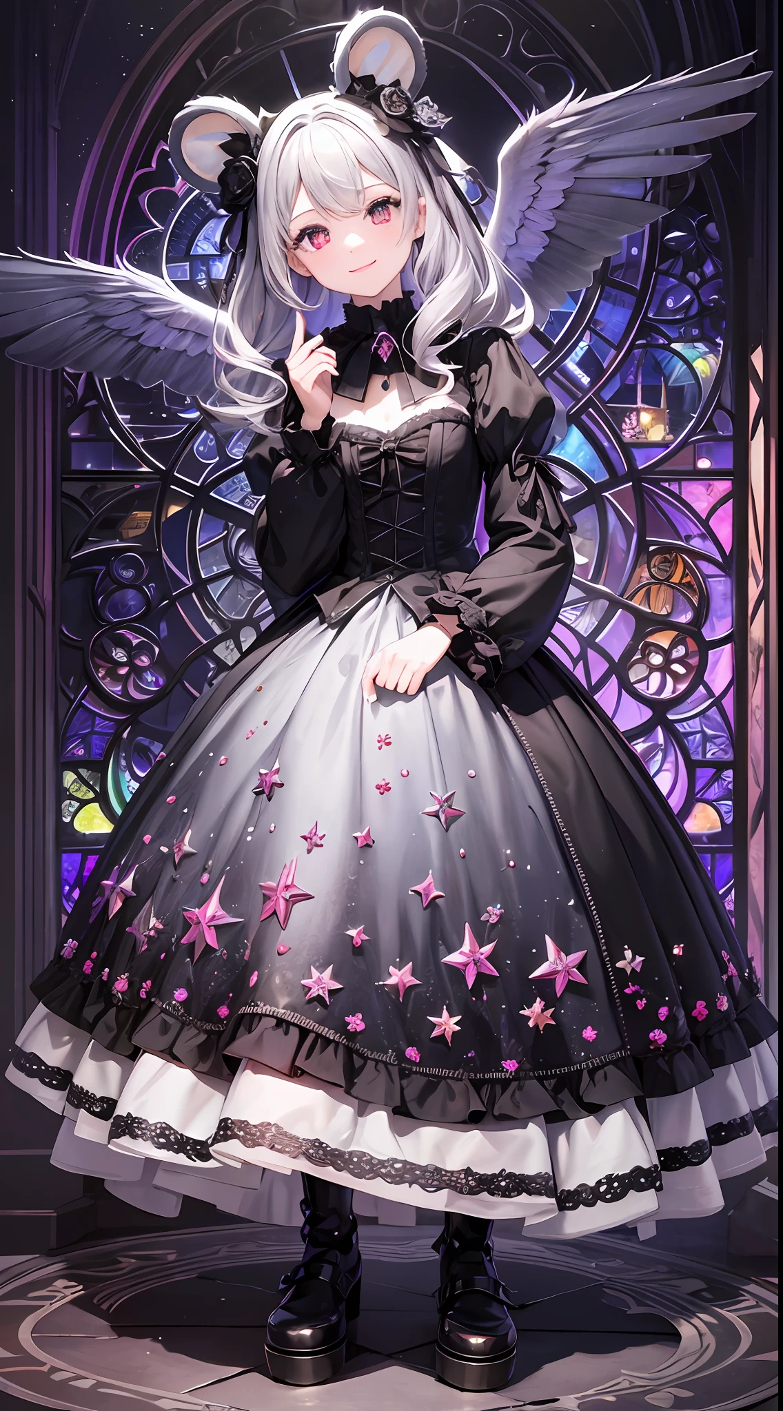 Masterpiece, high resolution, wide angle, detailed Gothic architecture, composition with depth, 10,000 colors, colorful, craftsmanship, ((1 girl), 9 figures, looking towards the viewer, smiling, silver hair),, crystal ornaments, colorful decorations, backlit, grains of light fluttering, detailed Gothic, (Maximalism: 1.6), diffused lighting, (depth of field: 1.2), Gothic Lolita, bird's-eye view, light up, light effect, light effect, stuffed bear, rainbow effect,