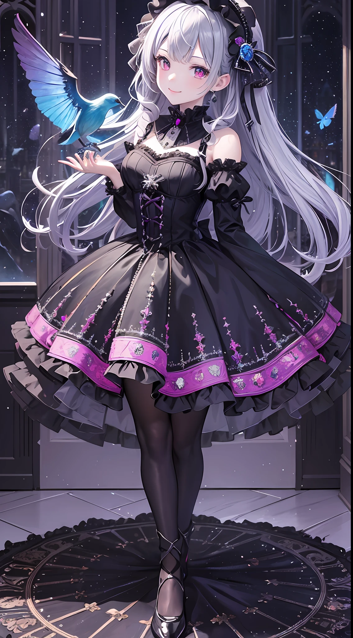 Masterpiece, high resolution, wide angle, detailed Gothic architecture, composition with depth, 10,000 colors, colorful, craftsmanship, ((1 girl), 9 figures, looking towards the viewer, smiling, silver hair),, crystal ornaments, colorful decorations, backlit, grains of light fluttering, detailed Gothic, (Maximalism: 1.6), diffused lighting, (depth of field: 1.2), Gothic ta, bird's-eye view, light up, light effect, light effect, stuffed bear, rainbow effect,