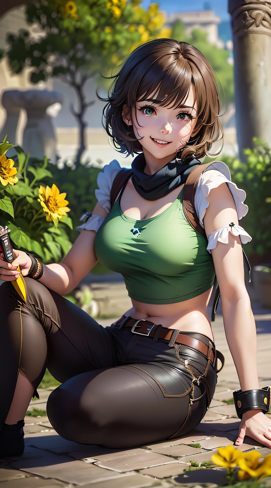 (Anime girl with short, brown hair), (Brown eyes), (plain t-shirt! short sleeve light green color) (Brown pants! Simple!) (Brown booty) (Holding a Knife in One Hand) (sitting in a garden of yellow flowers, with several destroyed pillars behind) (Dark place) (Undertale) (Smiling) oc commission, full body commission for anime, hyper realistic texture, realistic photo, ultra detailed, no drawing edges, Smiling! , photorealistic, dark scenery, fighting using sword and pistol, texture of ultra realistic clothes, natural lighting, realistic lighting, no dark edges, detailed shadows, ultra realistic photo, absurd realistic, realism, no drawing edges, ultra absurd photorealistic, mega realistic hair, mega realistic clothes, absurdly realistic details, no deformities, no drawing edges, no drawing lines, 8K, 4K