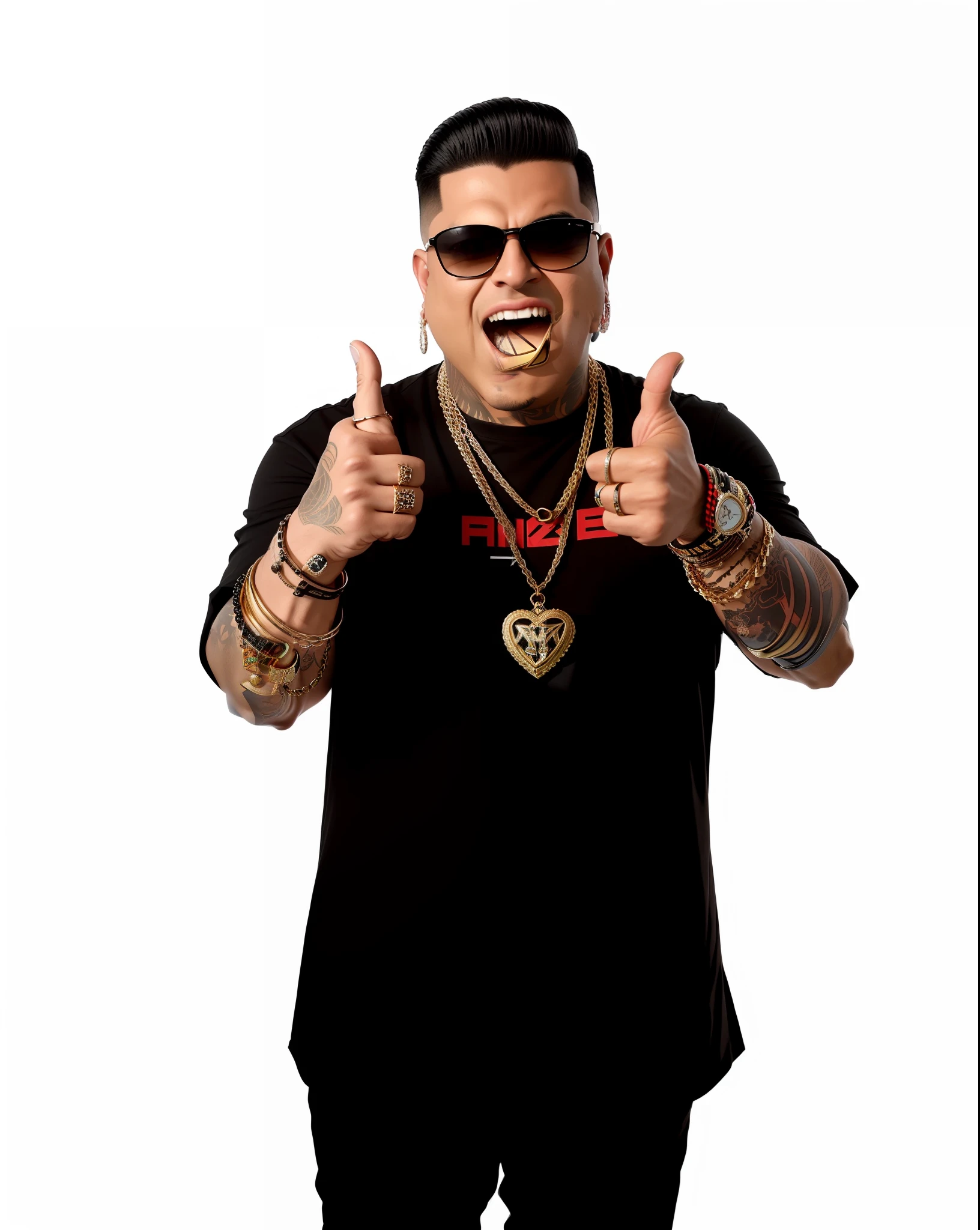 araffe man with a black shirt and sunglasses giving a thumbs up, haris nukem, bad bunny, stocky, rapper bling jewelry, rapper jewelry, inspired by Randy Vargas, inspired by Eddie Mendoza, eloy morales, official artwork, roge antonio, photo from a promo shoot, alex malveda, promo shoot, dr zeus --auto --s2