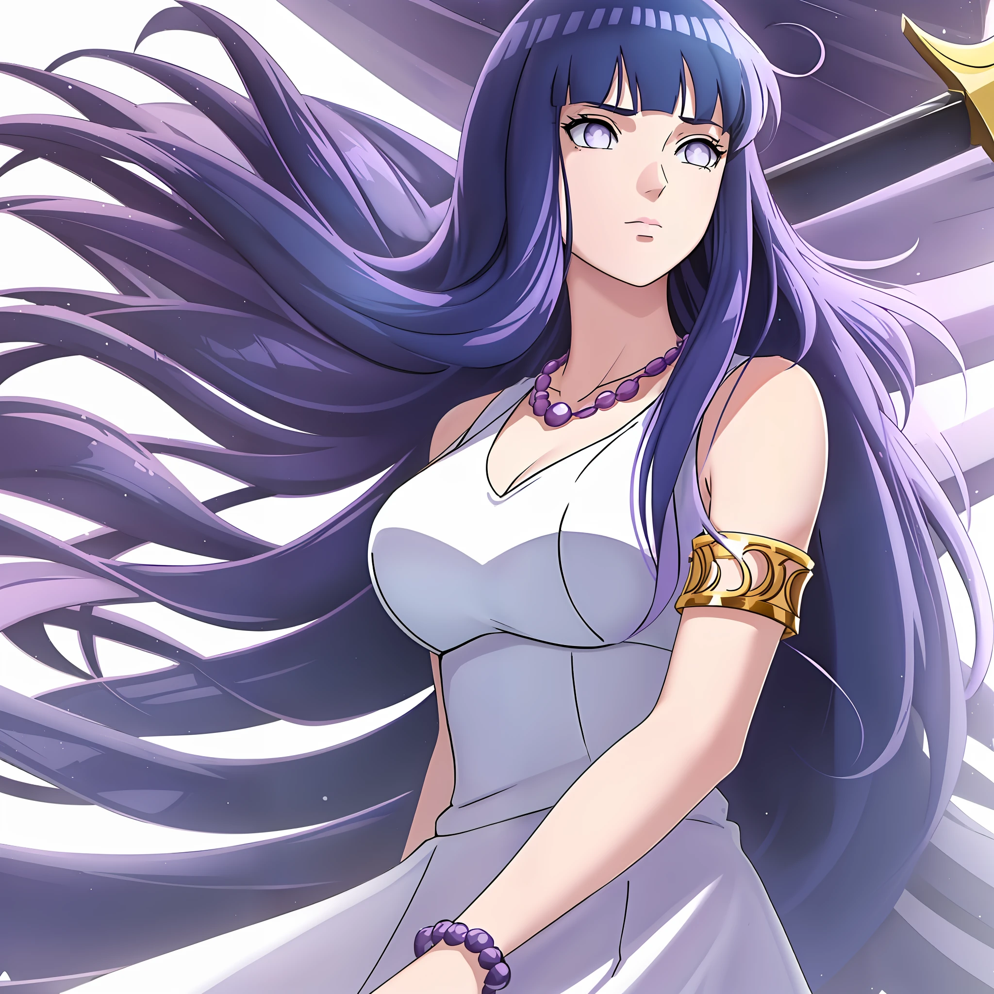 1 girl, solo, Kido_Saori, big_breasts, (((dark blue hair))), purple_eyes, staff, ((white_dress)), armlet, jewelry, blunt bangs, hinata/(boruto/),  necklace, (sleeveless dress, white dress) upper body, serious, staff, jewelry athena (saint seiya) saori kido_saori , white_dress, (simple background, white background)