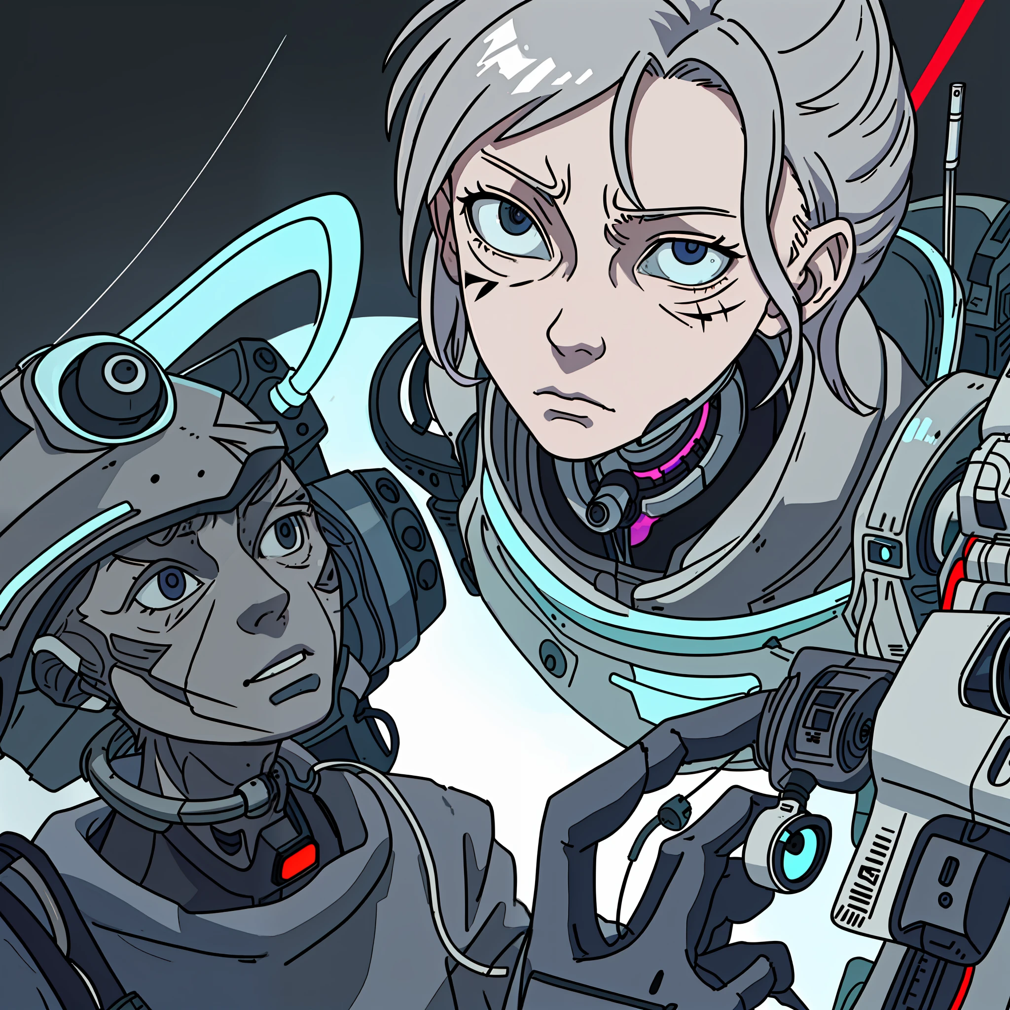 realistic, (flat color: 1.4), hospital, intensive care unit, adolescent, thin, gray hair, asymmetrical hairstyle, (cybernetic prosthesis of left hand), detailed scars, scars, high quality, high detail, realism, hyperrealism, correct ???????, masterpiece, cyberpunk, manga, manga style, monochrome