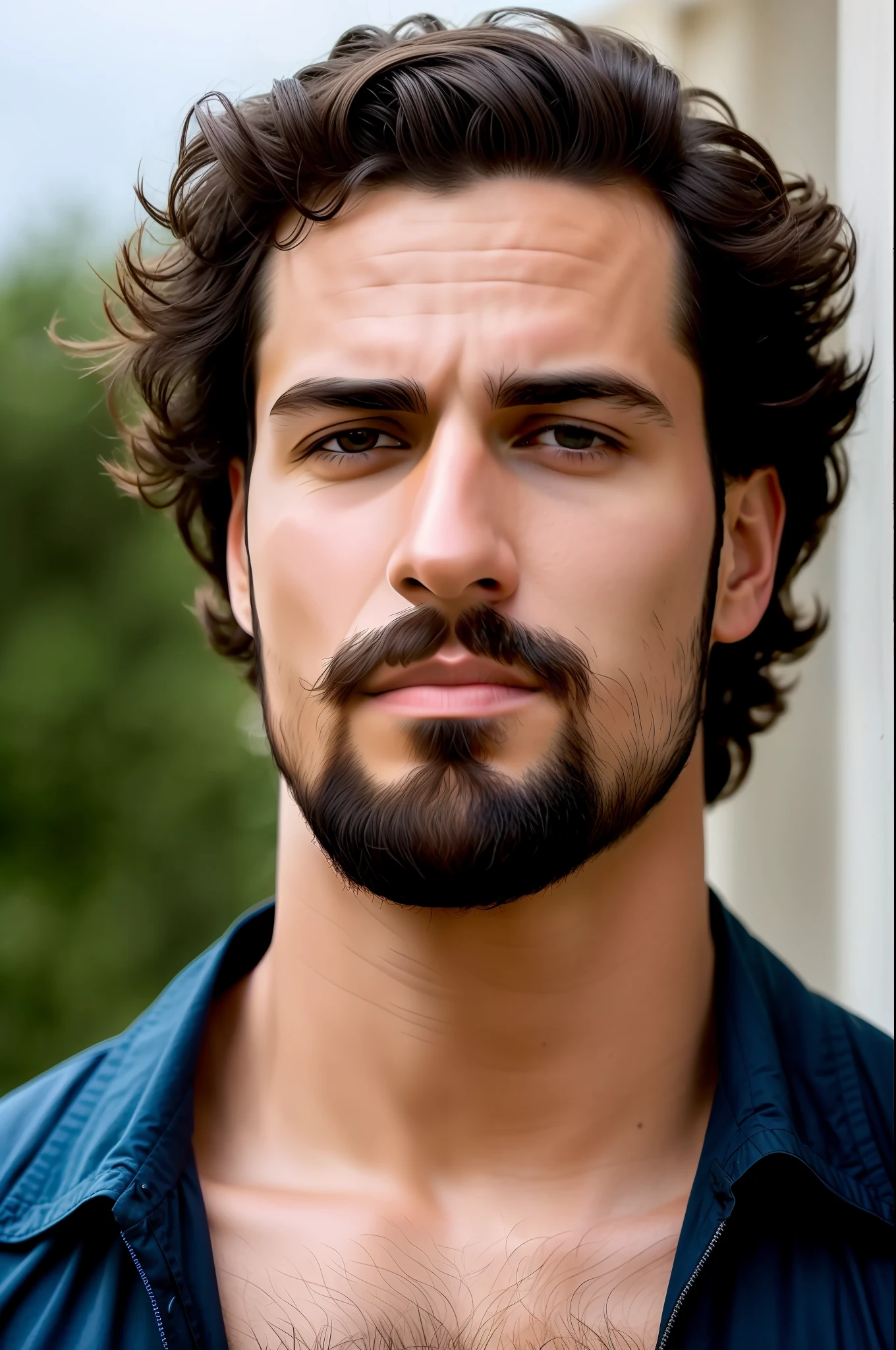 ((best quality)), real-looking, no distortions, natural lighting, close-up shot, facial hair, masculine, French features, serious expression.