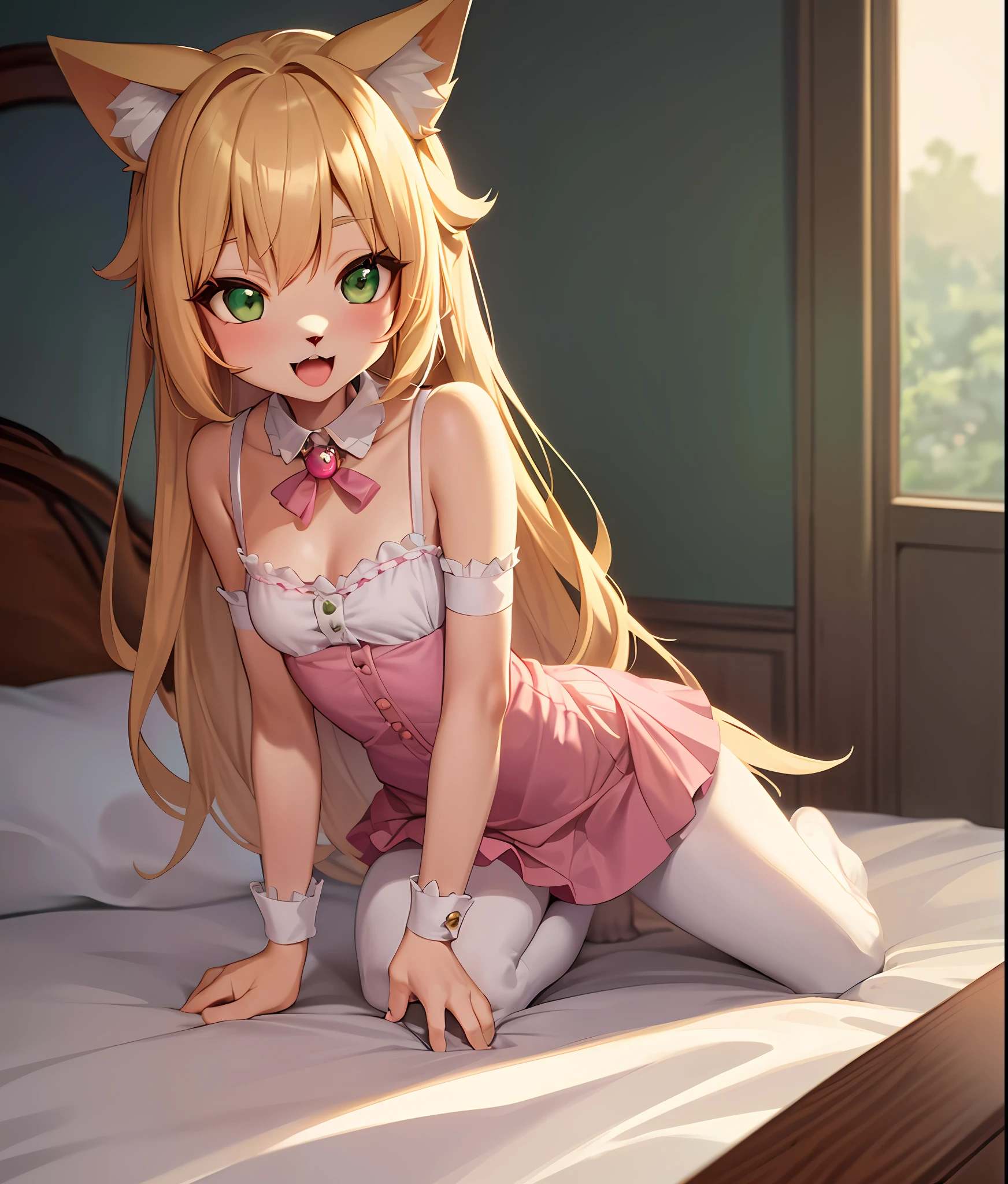 (cute Anthro Furry:1.3), small breasts, 1girl, solo, blonde hair, (green eyes:1.2), fox ears, pink dress, kneeling beside the bed of a cute detailed room with open mouth and sexy face