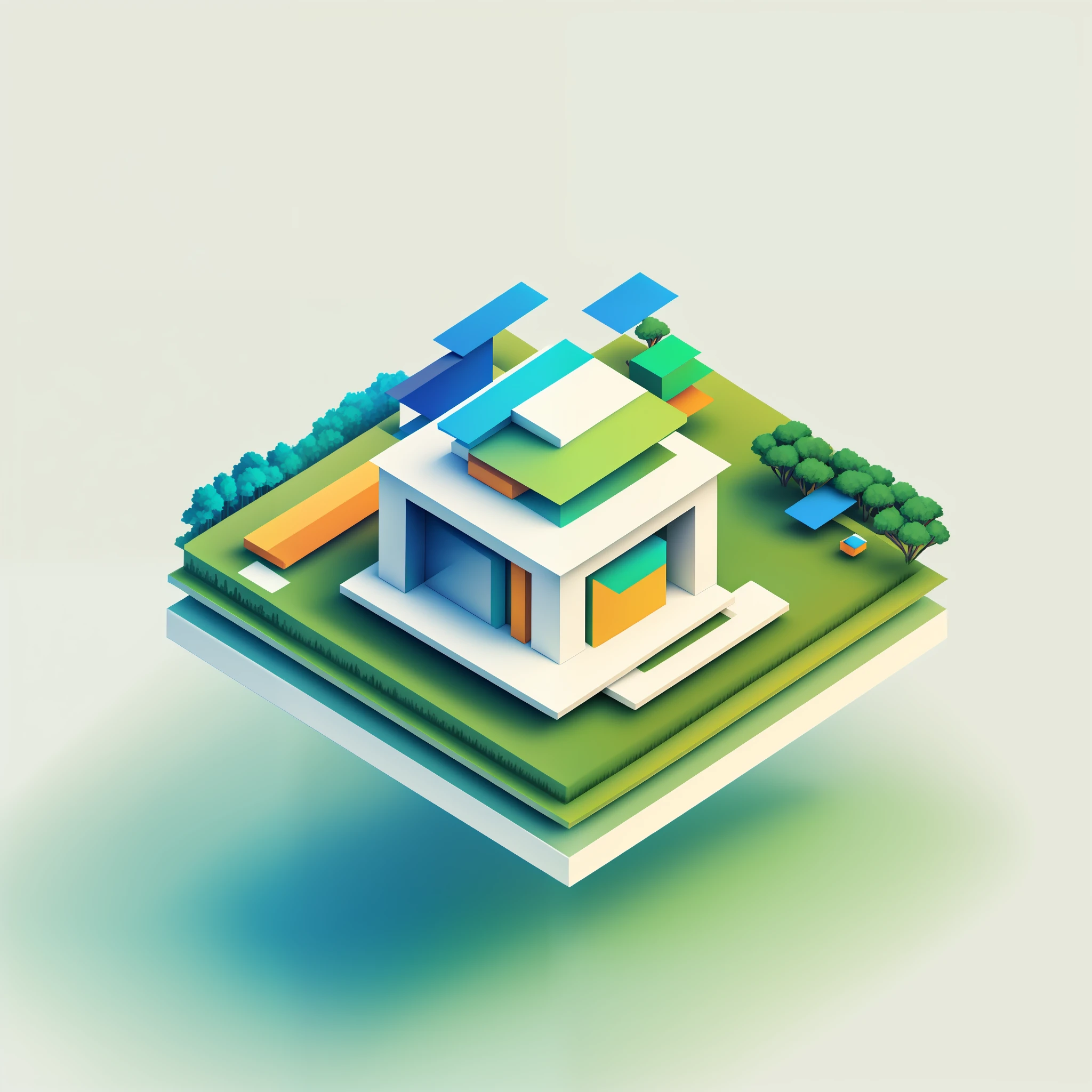 Isometric home logo, futuristic, a bit of grass around, vibrant, energetic, UFO, (masterpiece:1.2), best quality, high resolution,logo, man,white background,simple background,